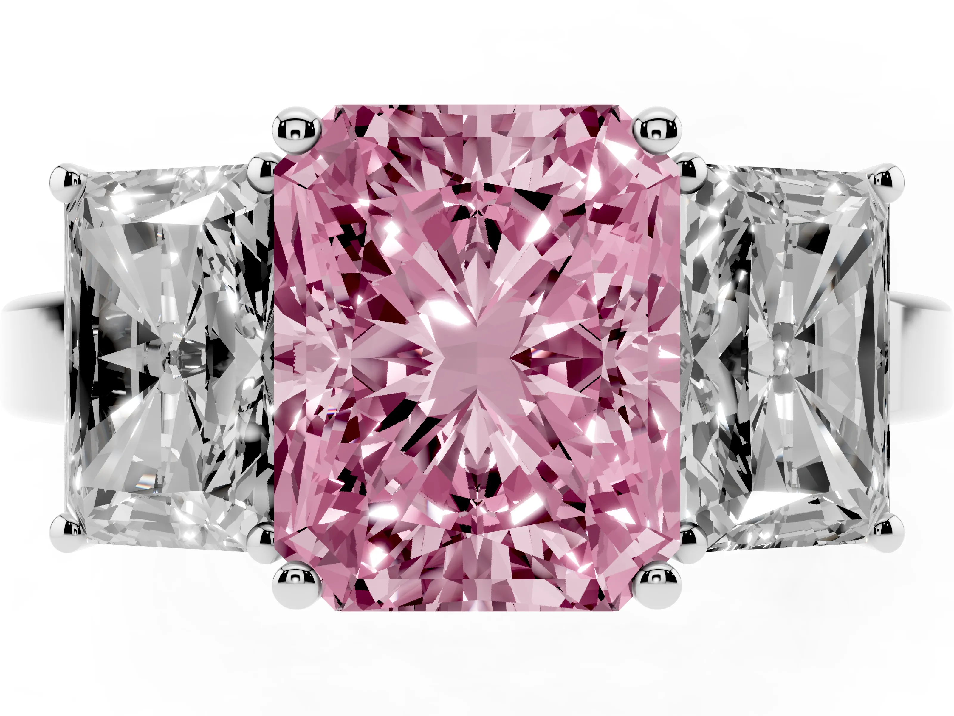 Fancy Pink Radiant Cut Diamond Three-Stone Engagement Ring Set in Platinum with Flat Band