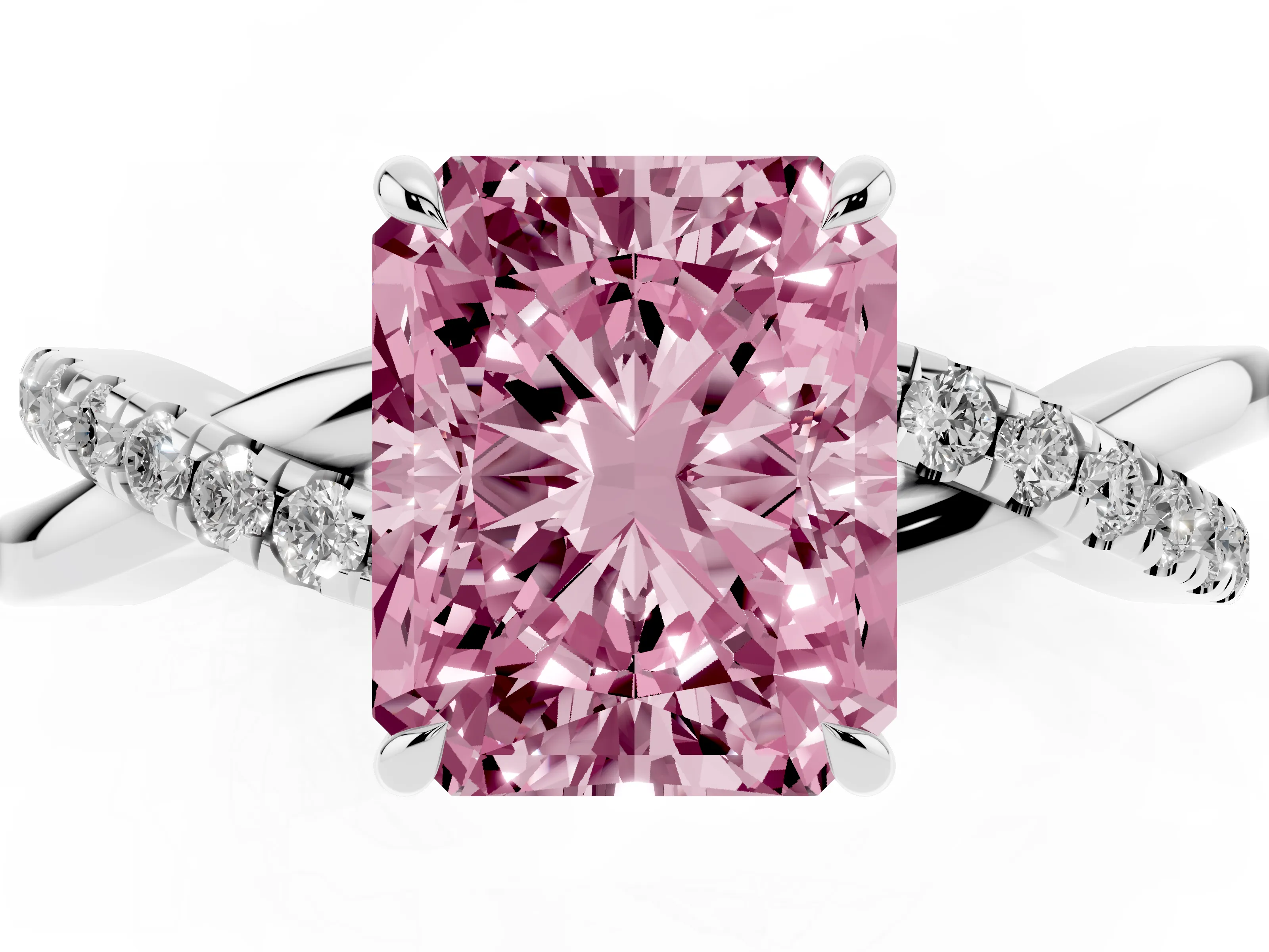 Fancy Pink Radiant Cut Diamond Twisted Pavé Band Ring Set in Silver with Prong Setting