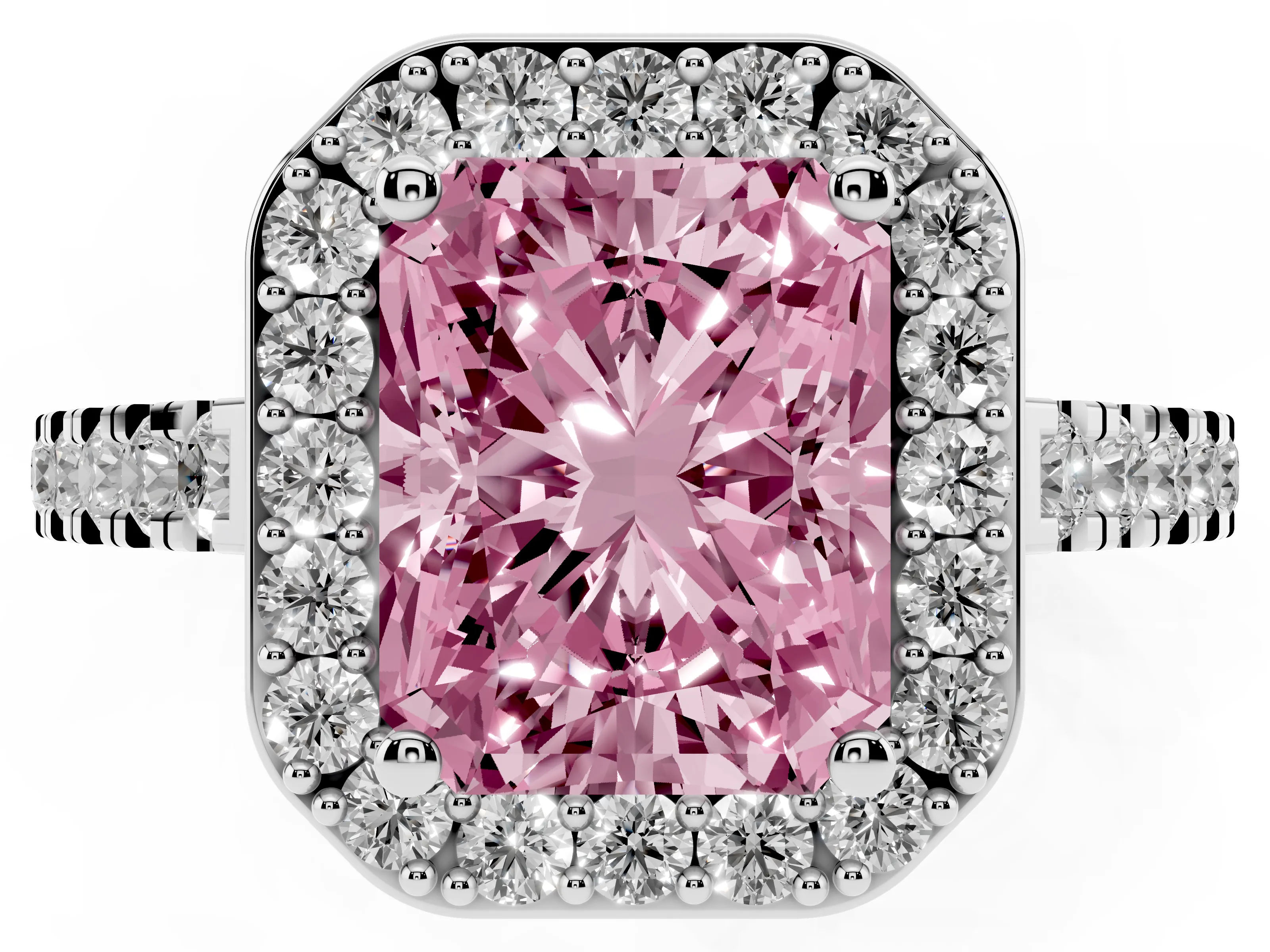 Fancy Pink Radiant Cut Diamond Halo Ring Set in White gold with Round Pavé Split Shank and Prong Setting