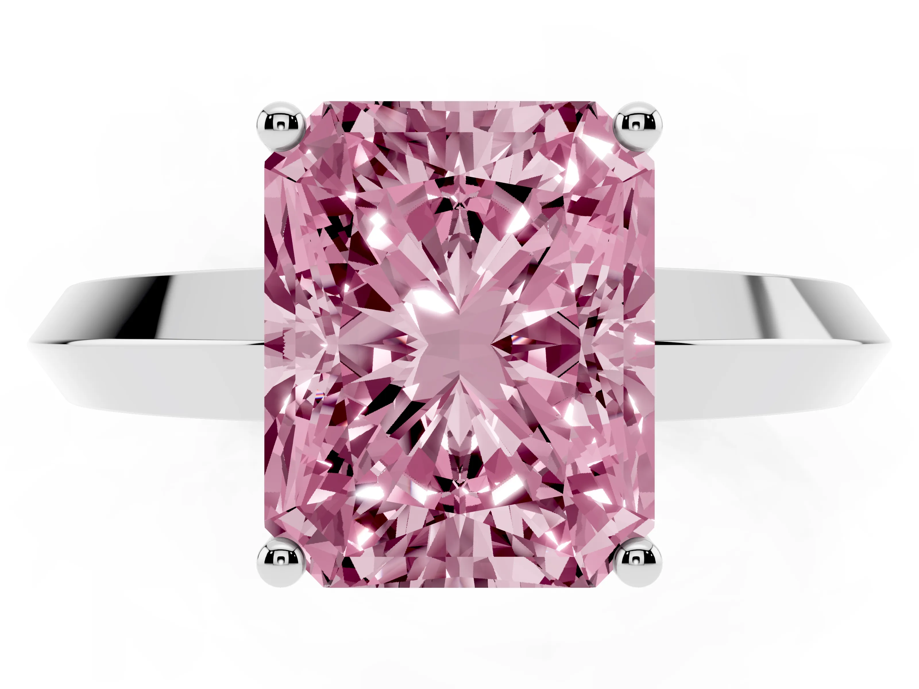 Fancy Pink Radiant Cut Diamond Solitaire Engagement Ring Set in Silver with Flat Band and Prong Setting