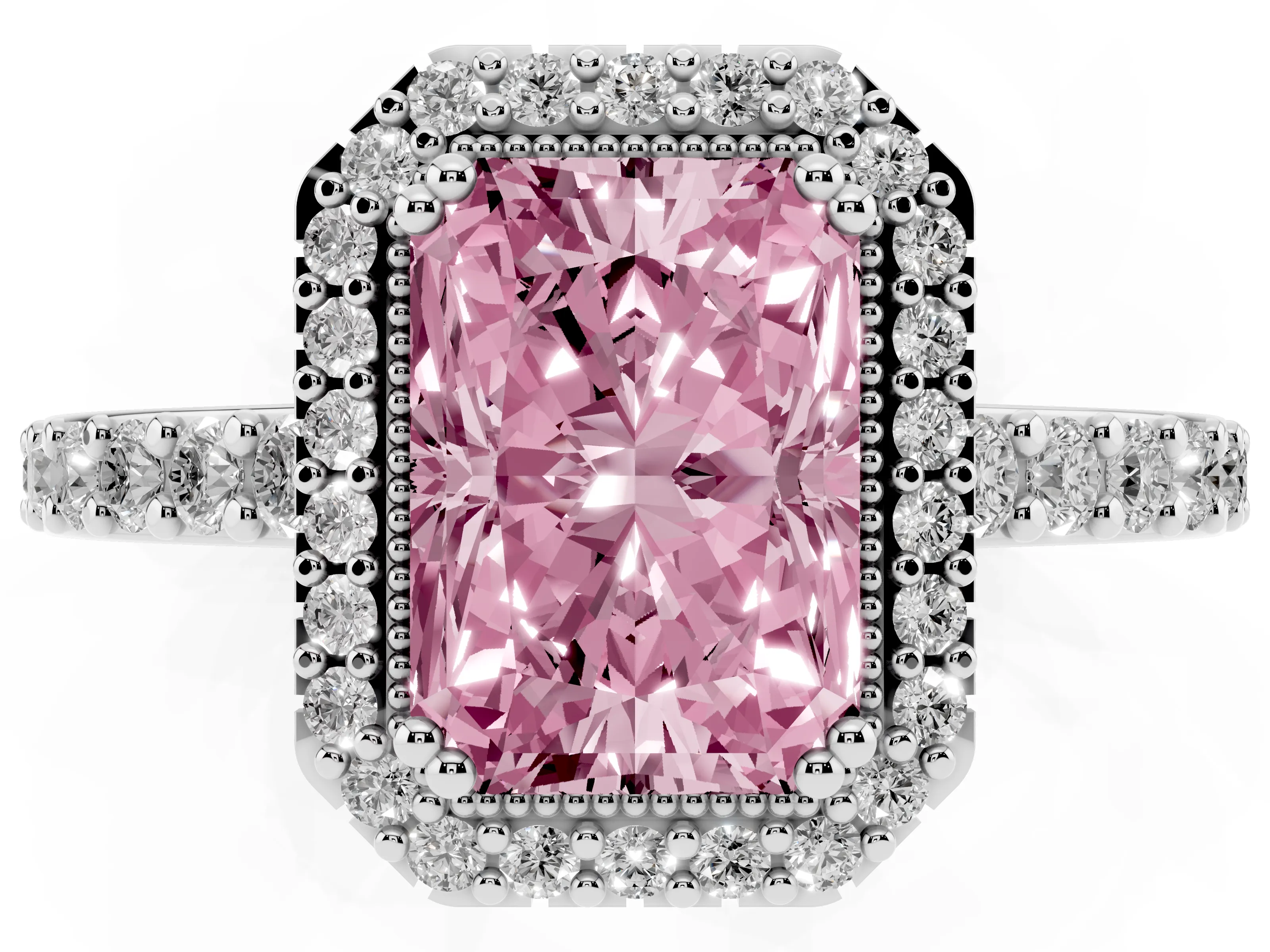 Fancy Pink Radiant Cut Diamond Halo Engagement Ring Set in White gold with Milgrain Detail and Pavé Band