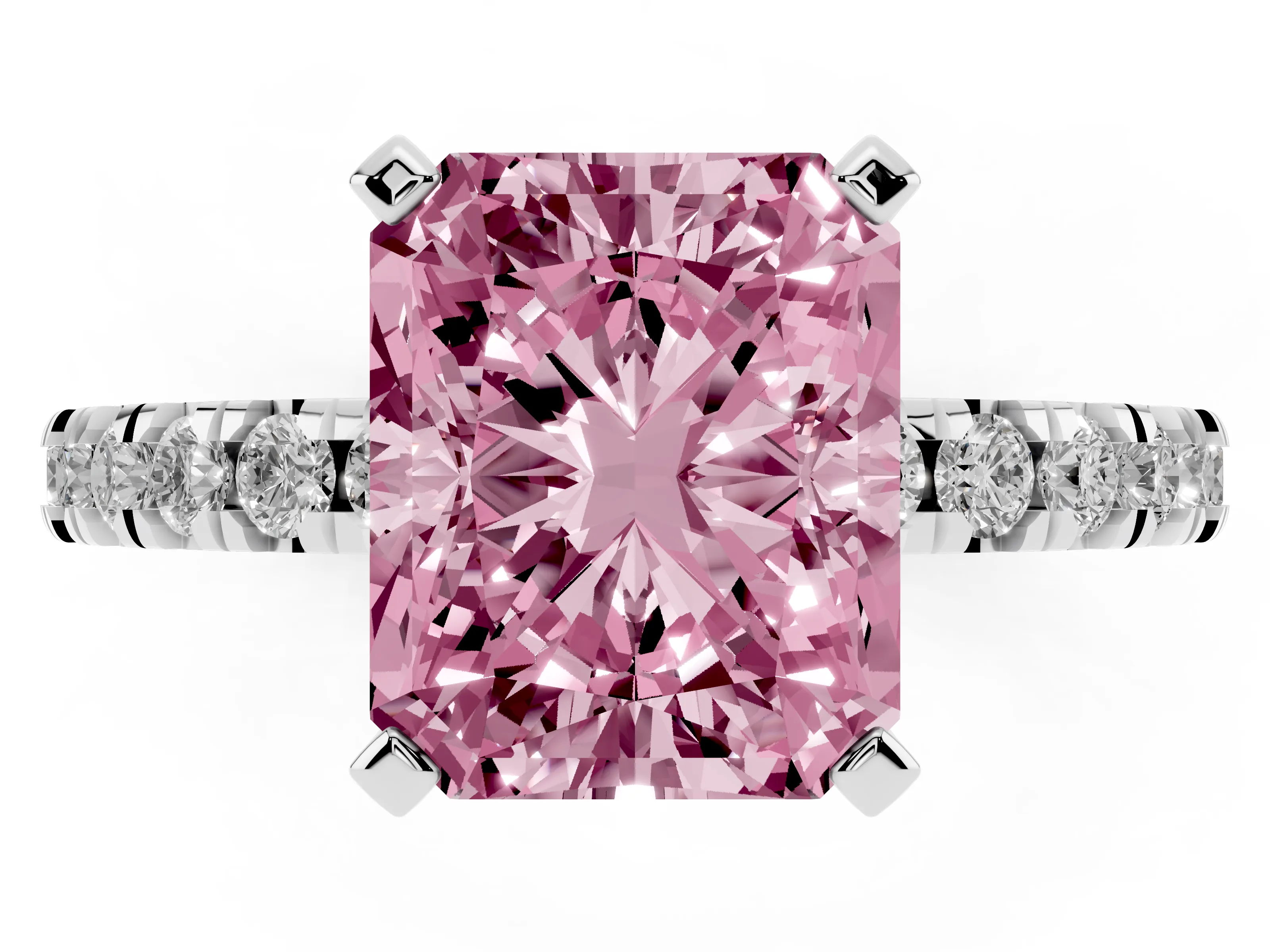 Fancy Pink Radiant Cut Diamond Pavé Band Solitaire Set in Platinum with Prong Setting