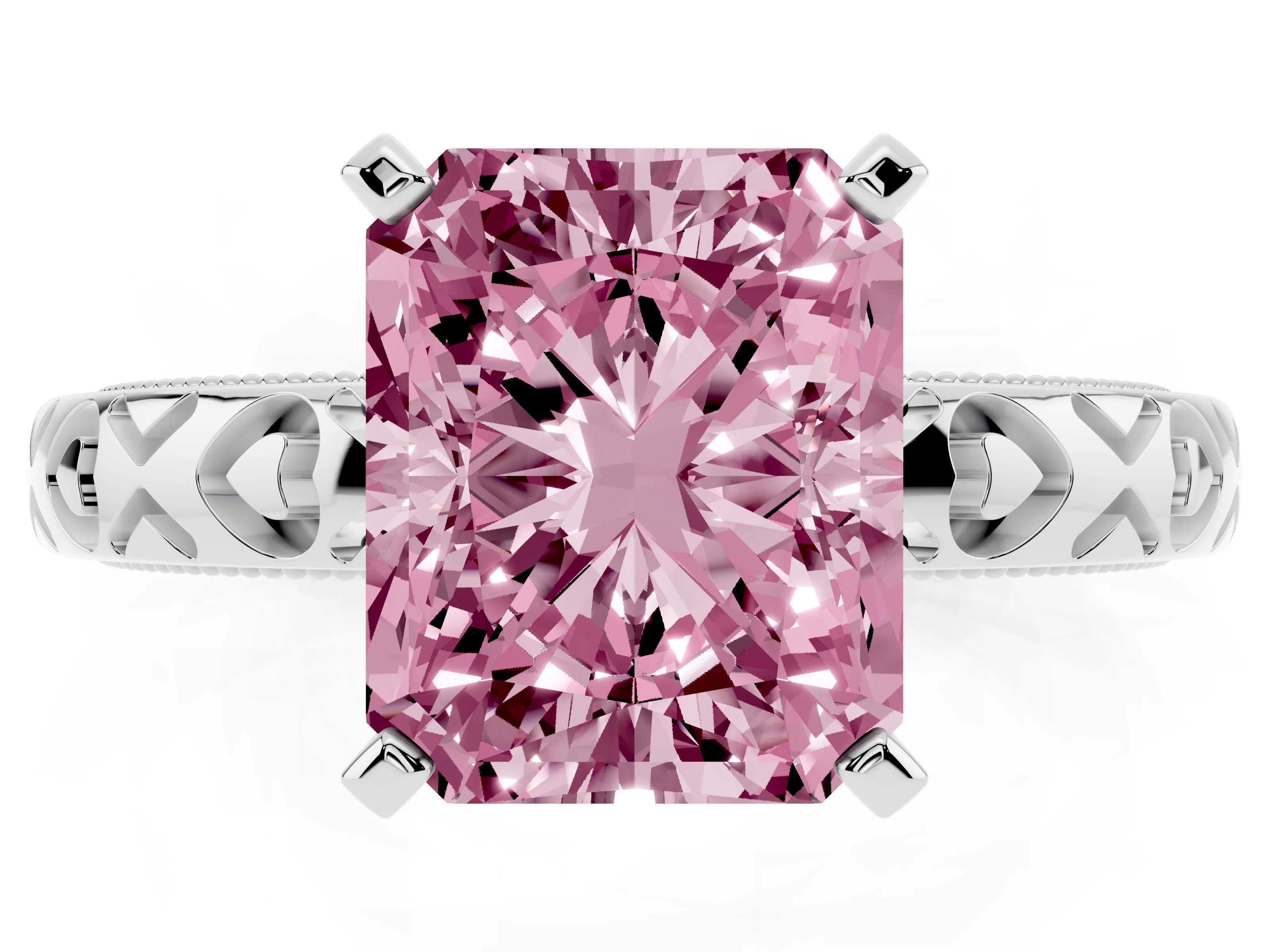 Fancy Pink Radiant Cut Diamond Solitaire Engagement Ring Set in White gold with XO Engraved Band and Prong Setting
