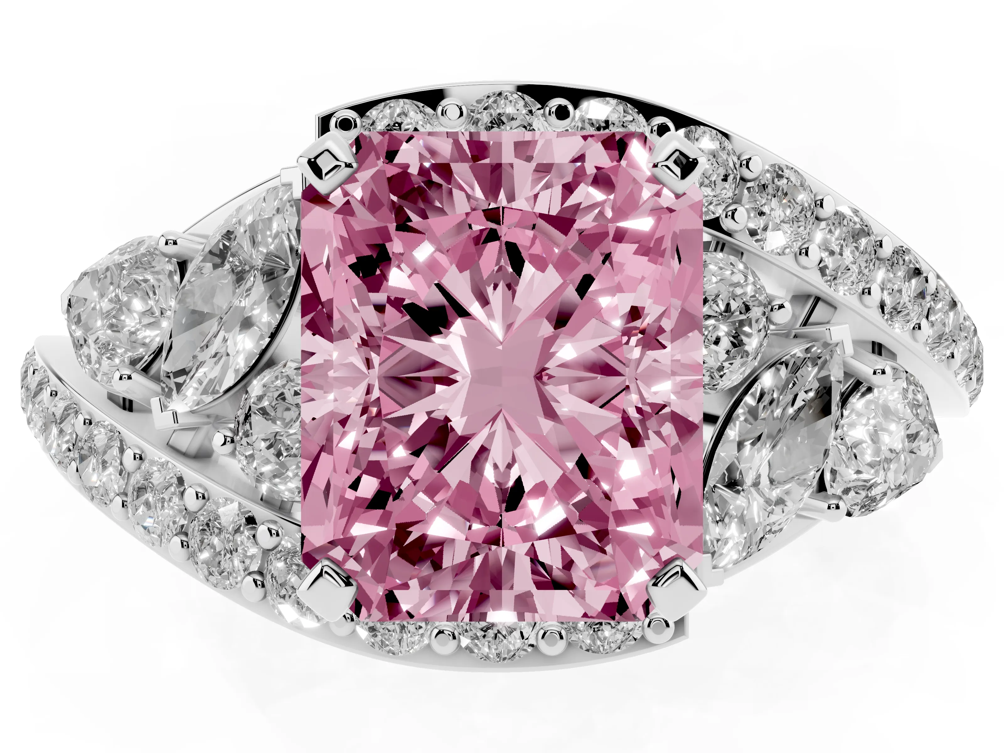 Fancy Pink Radiant Cut Diamond Halo Ring Set in Silver with Marquise and Pavé Band in Prong Setting