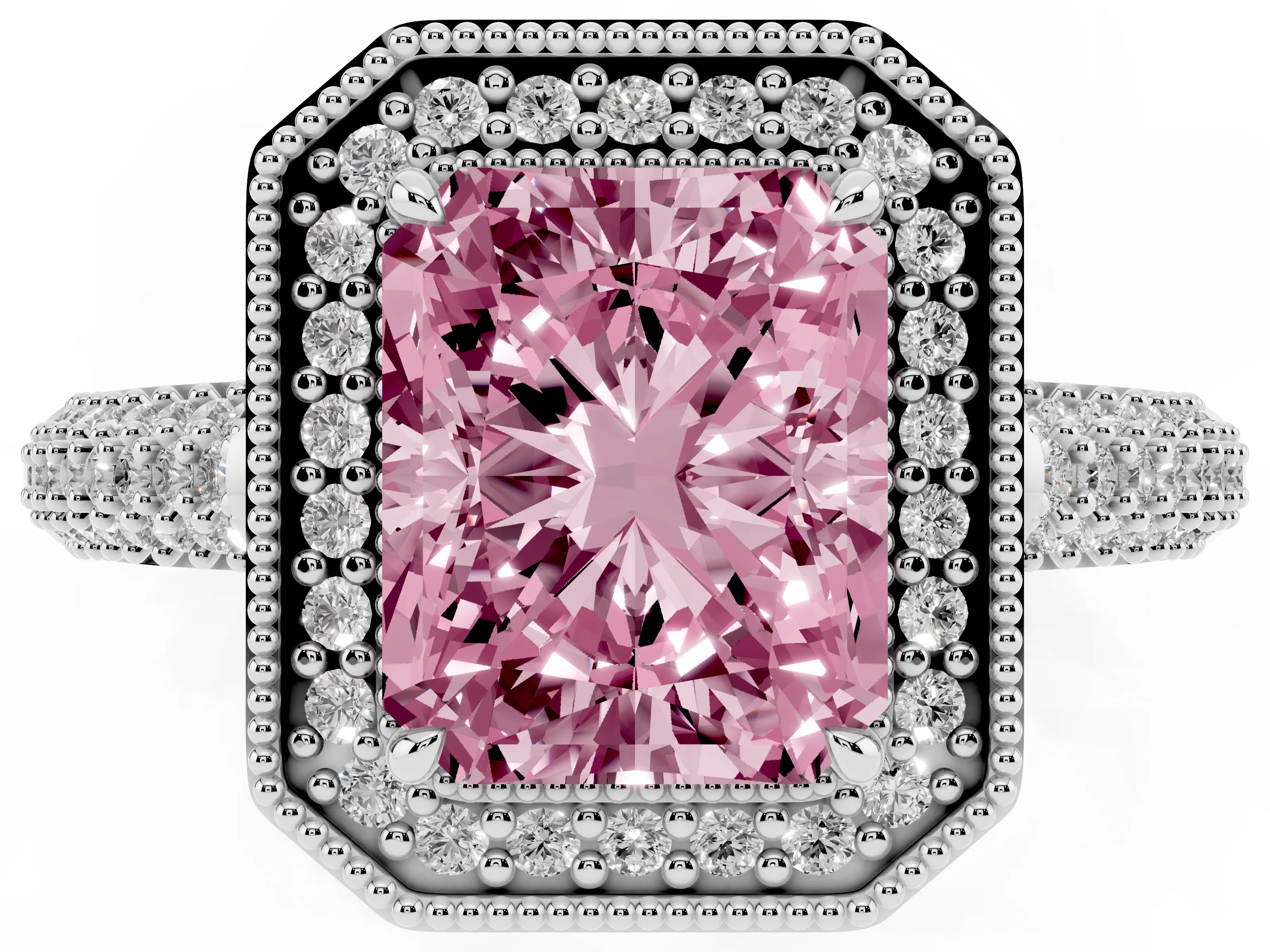 Fancy Pink Radiant Cut Diamond Halo Pavé Band Set in White gold with Prong Setting