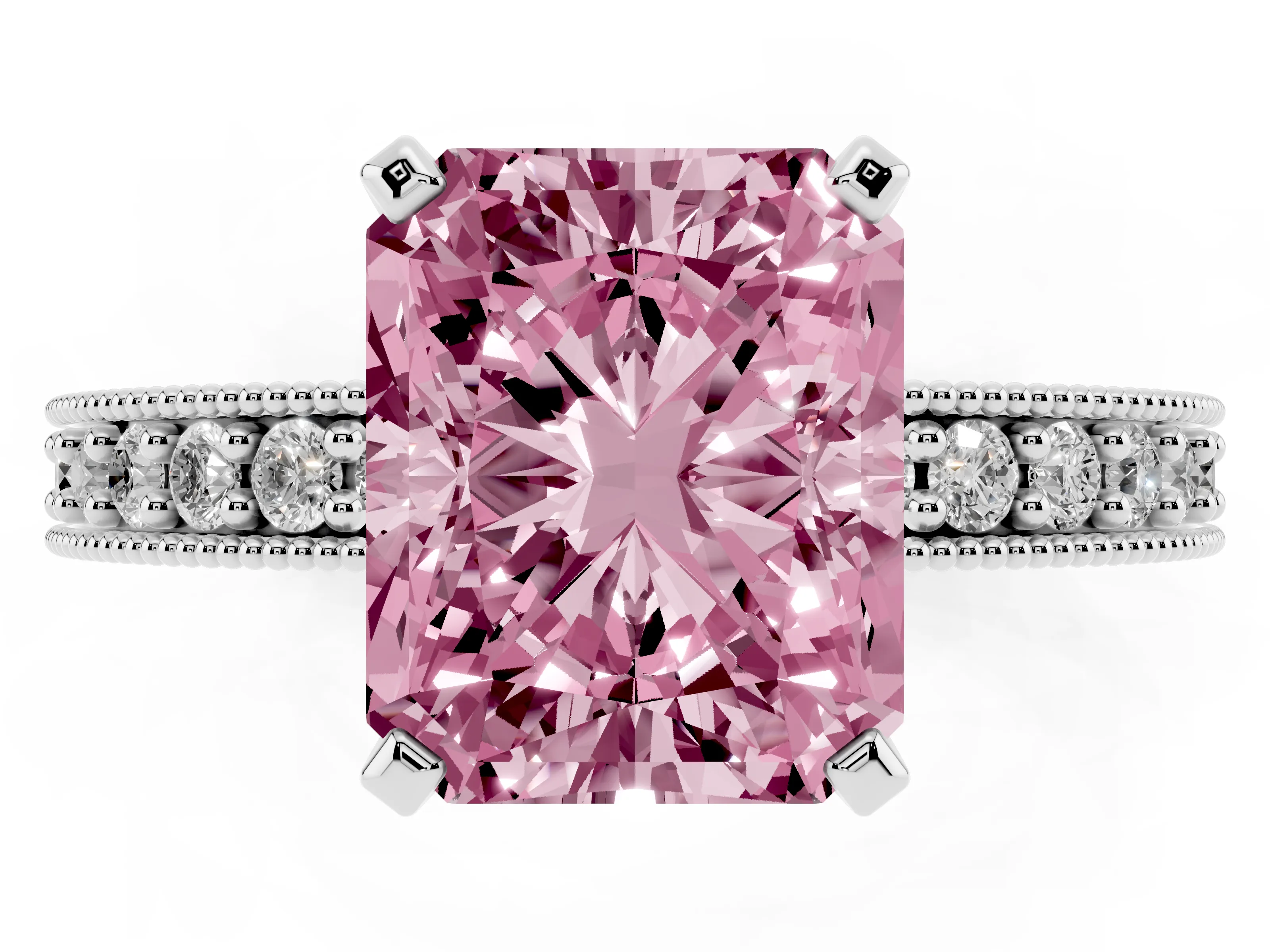 Fancy Pink Radiant Cut Diamond Milgrain Pavé Engagement Ring Set in Silver with Prong Setting