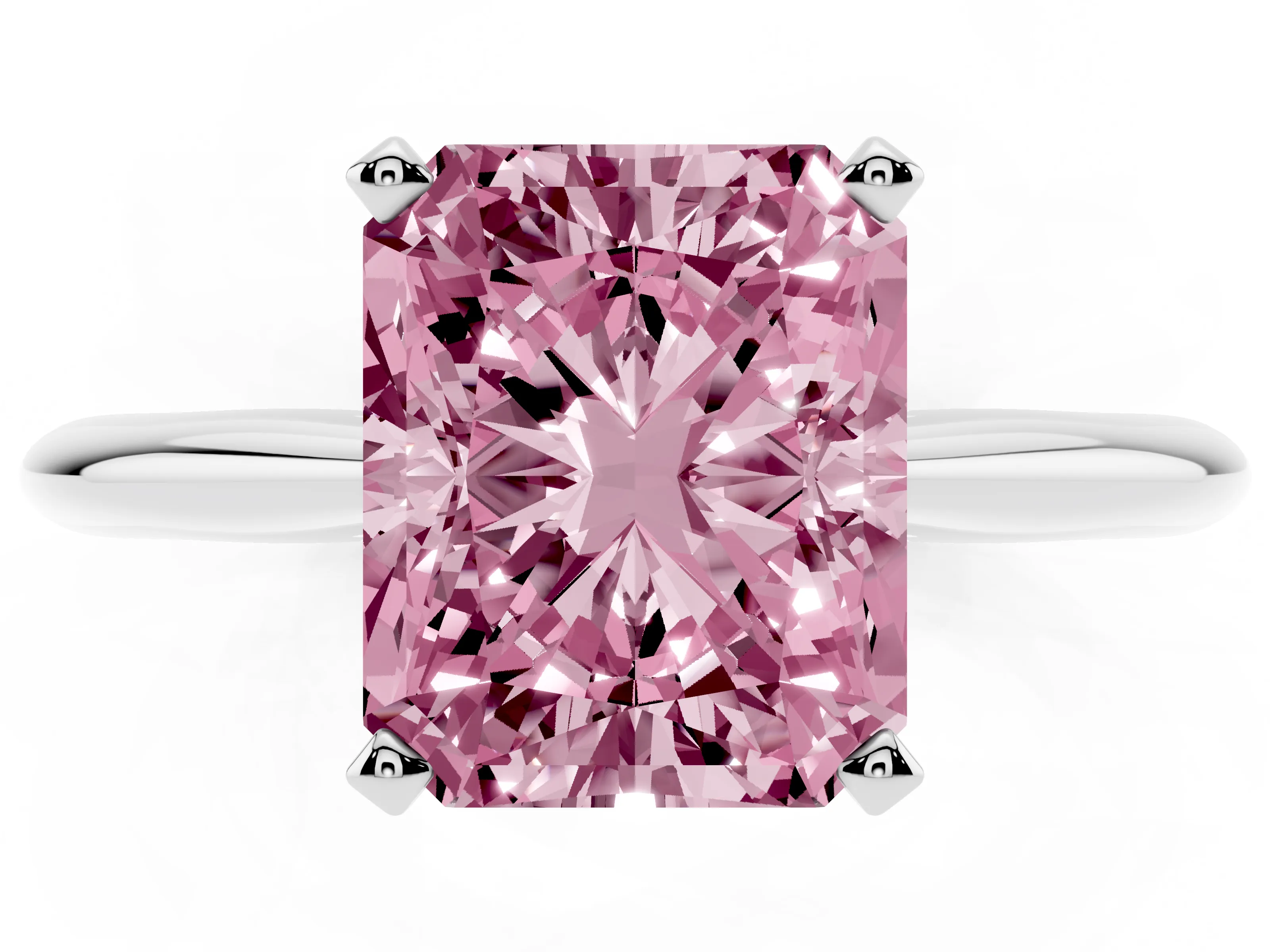 Fancy Pink Radiant Cut Diamond Solitaire Ring Set in Platinum with Prong Setting on a Plain Round Band