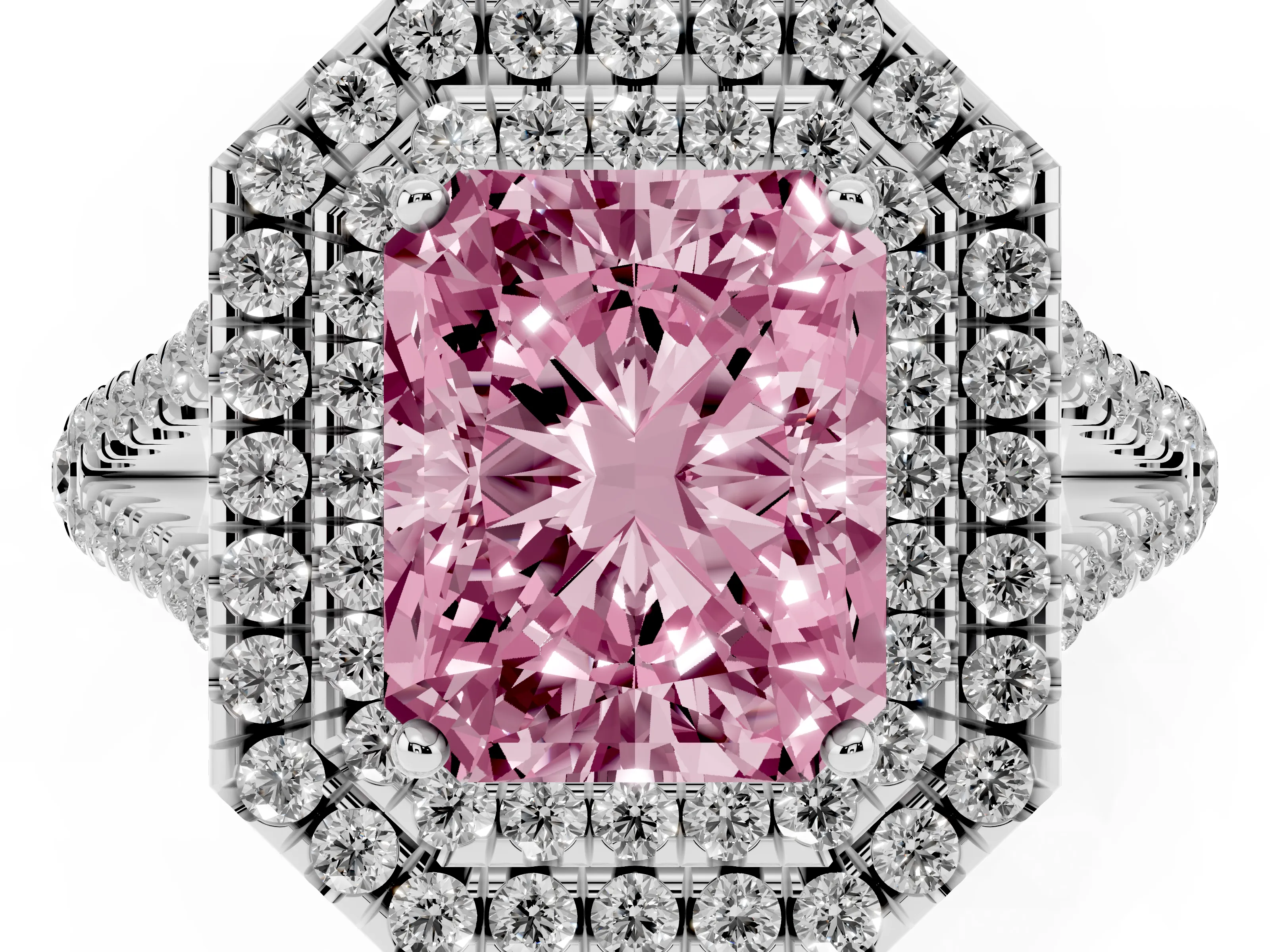 Fancy Pink Radiant Cut Diamond Double Halo Ring Set in White gold with Pavé Band