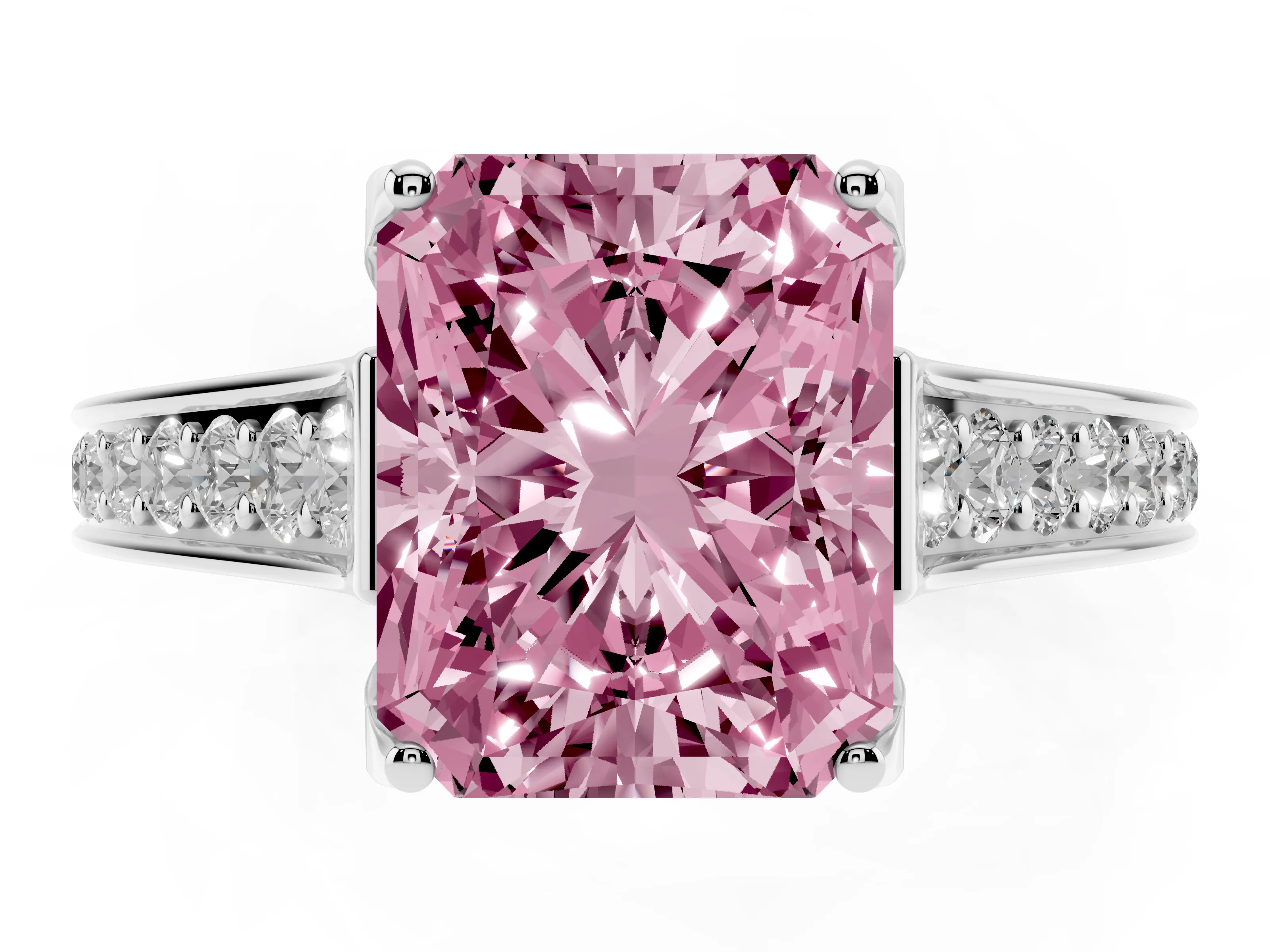 Fancy Pink Radiant Cut Diamond Solitaire Pavé Engagement Ring Set in Platinum with Prong Setting