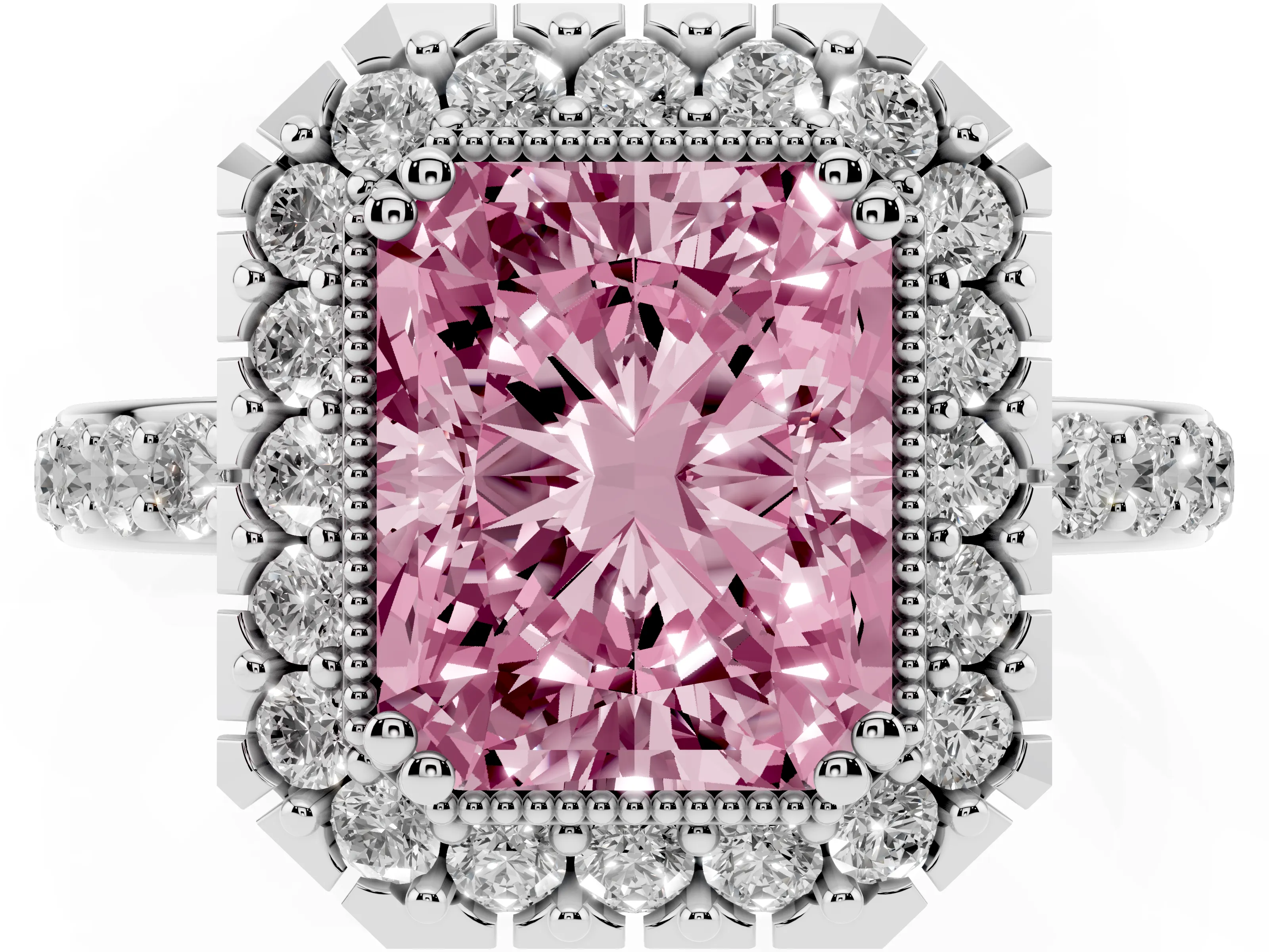 Fancy Pink Radiant Cut Diamond Halo Ring Set in White gold with Pavé Shank and Prong Setting