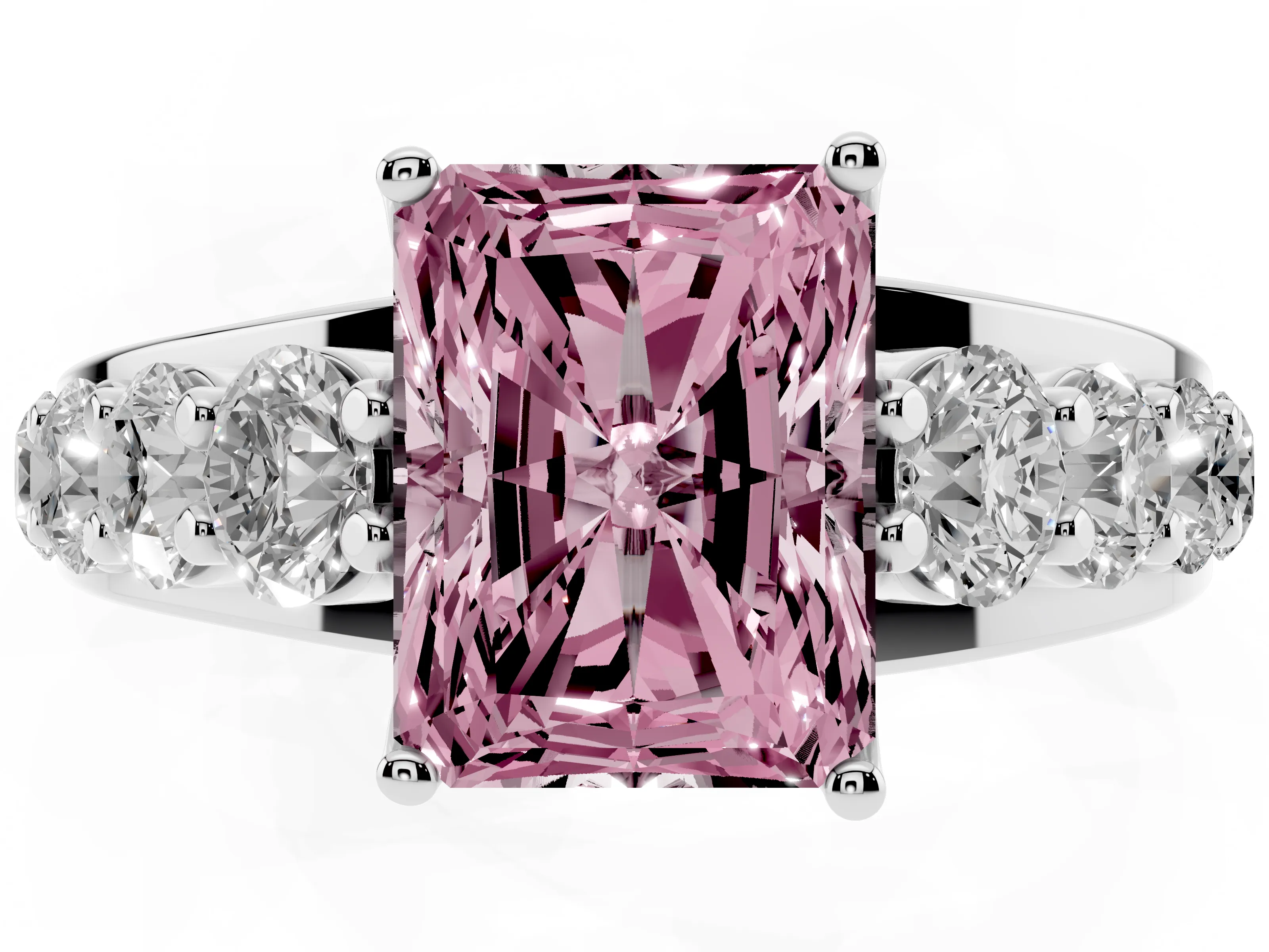 Fancy Pink Radiant Cut Diamond Pavé Engagement Ring Set in White gold with Prong Setting