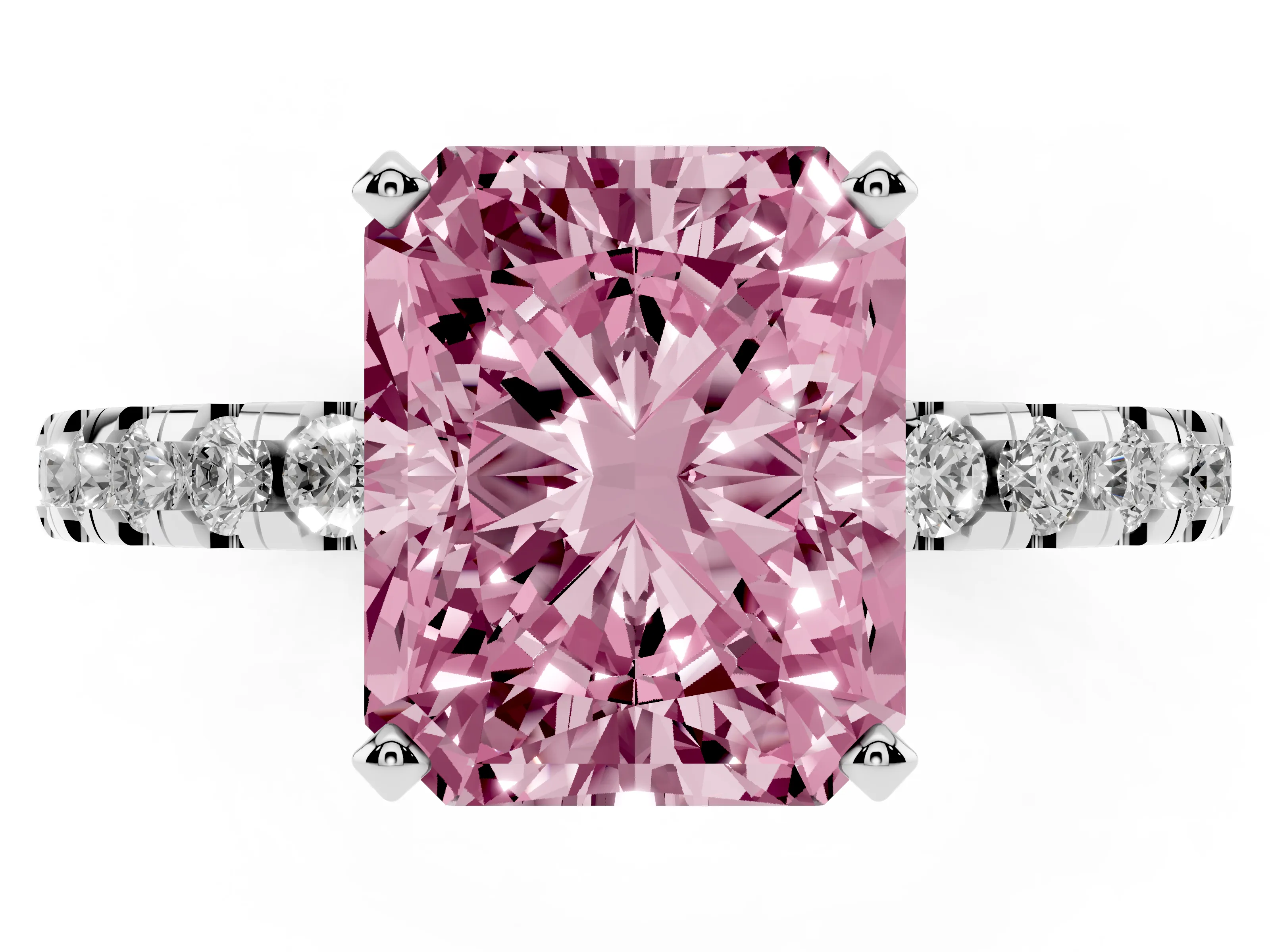 Fancy Pink Radiant Cut Diamond Pavé Solitaire Ring Set in White gold with Round Band Accents and Prong Setting