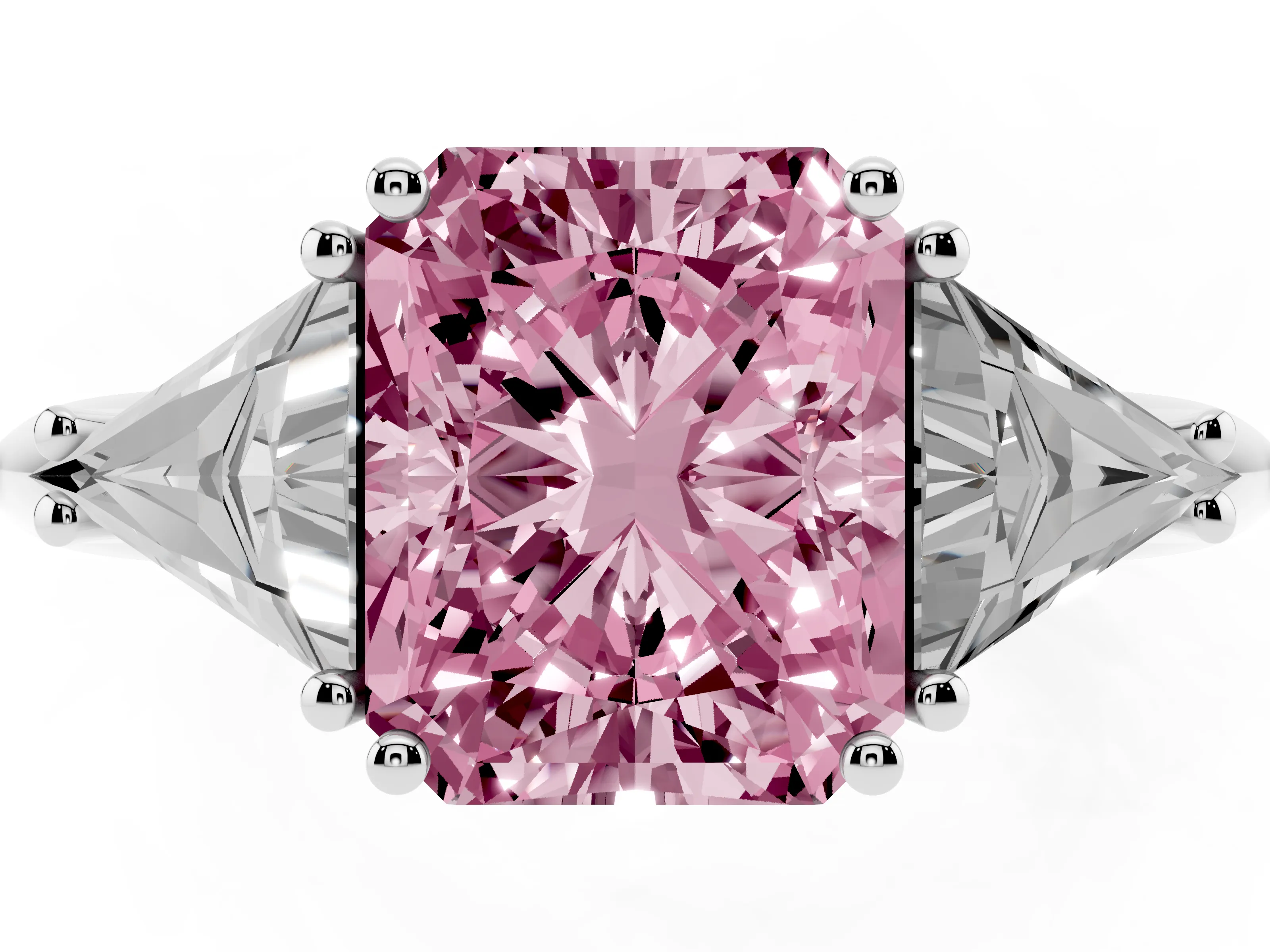 Fancy Pink Radiant Cut Diamond Three-Stone Engagement Ring Set in Platinum with Trillion Side Stones