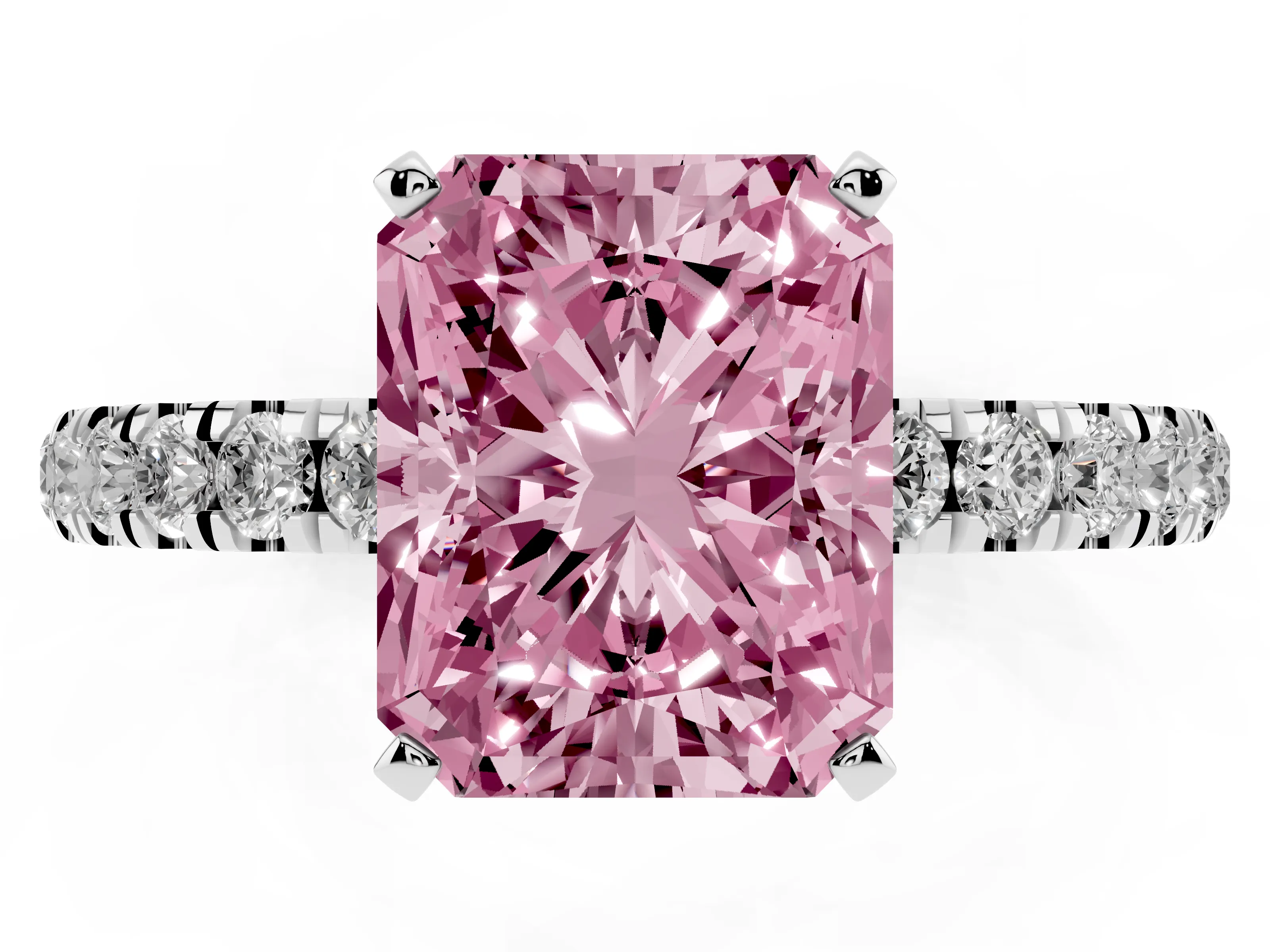 Fancy Pink Radiant Cut Diamond Solitaire Ring Set in Silver with Pavé Accents and Prong Setting
