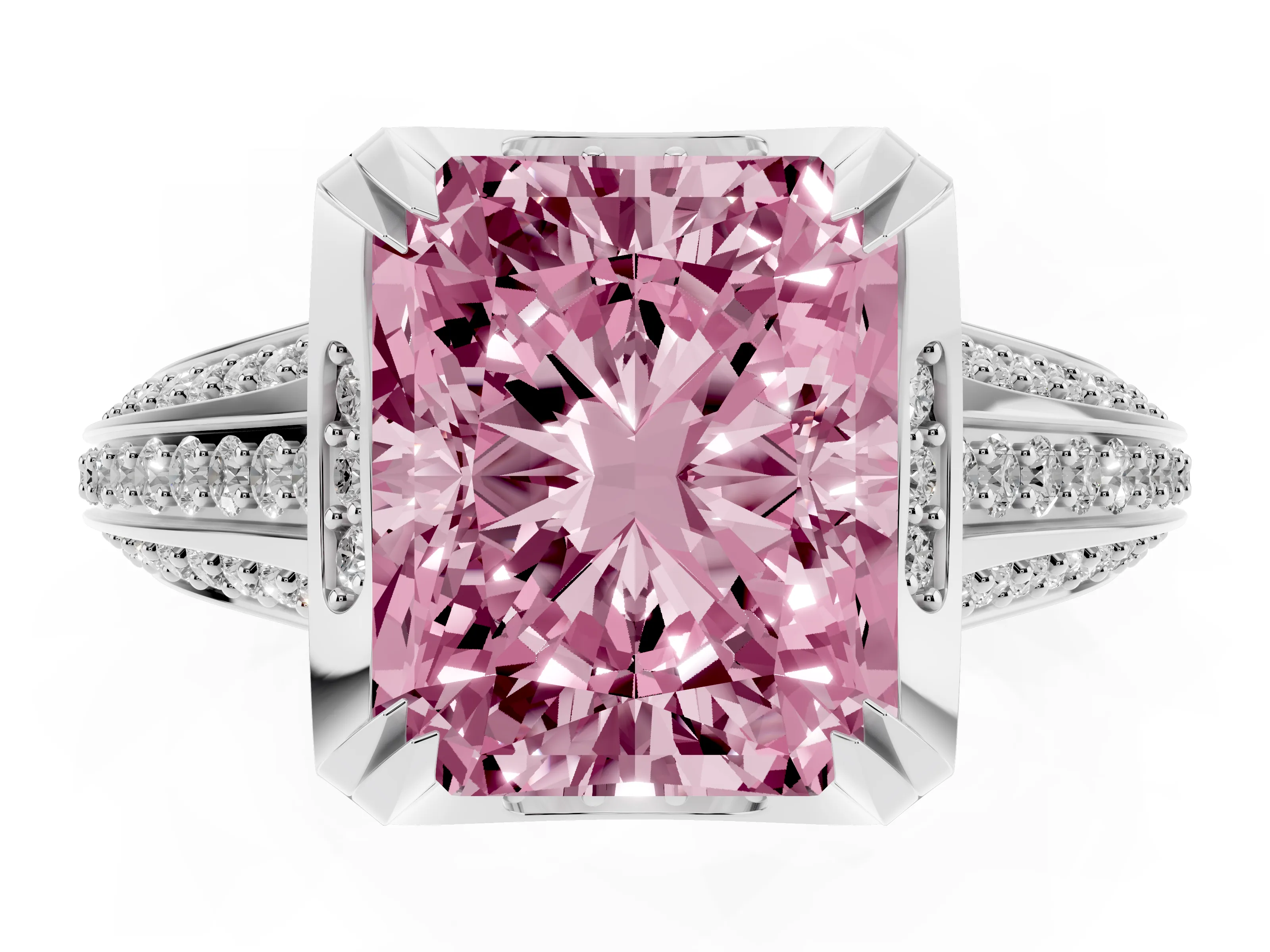Fancy Pink Radiant Cut Diamond Pavé Split Shank Solitaire Ring Set in Silver with Prong Setting