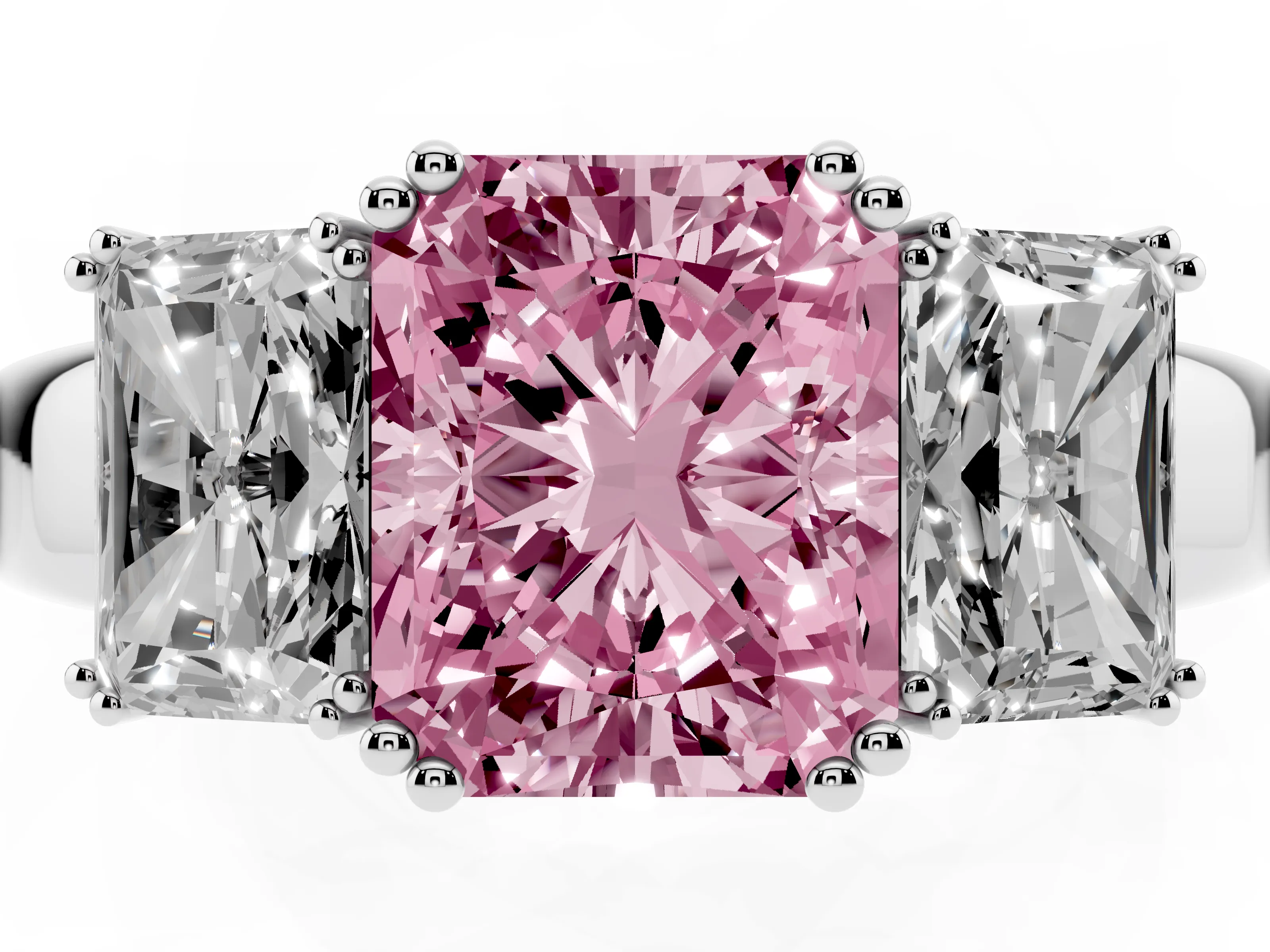 Fancy Pink Radiant Cut Diamond Three-Stone Ring Set in White gold with Polished Channel-Set Band