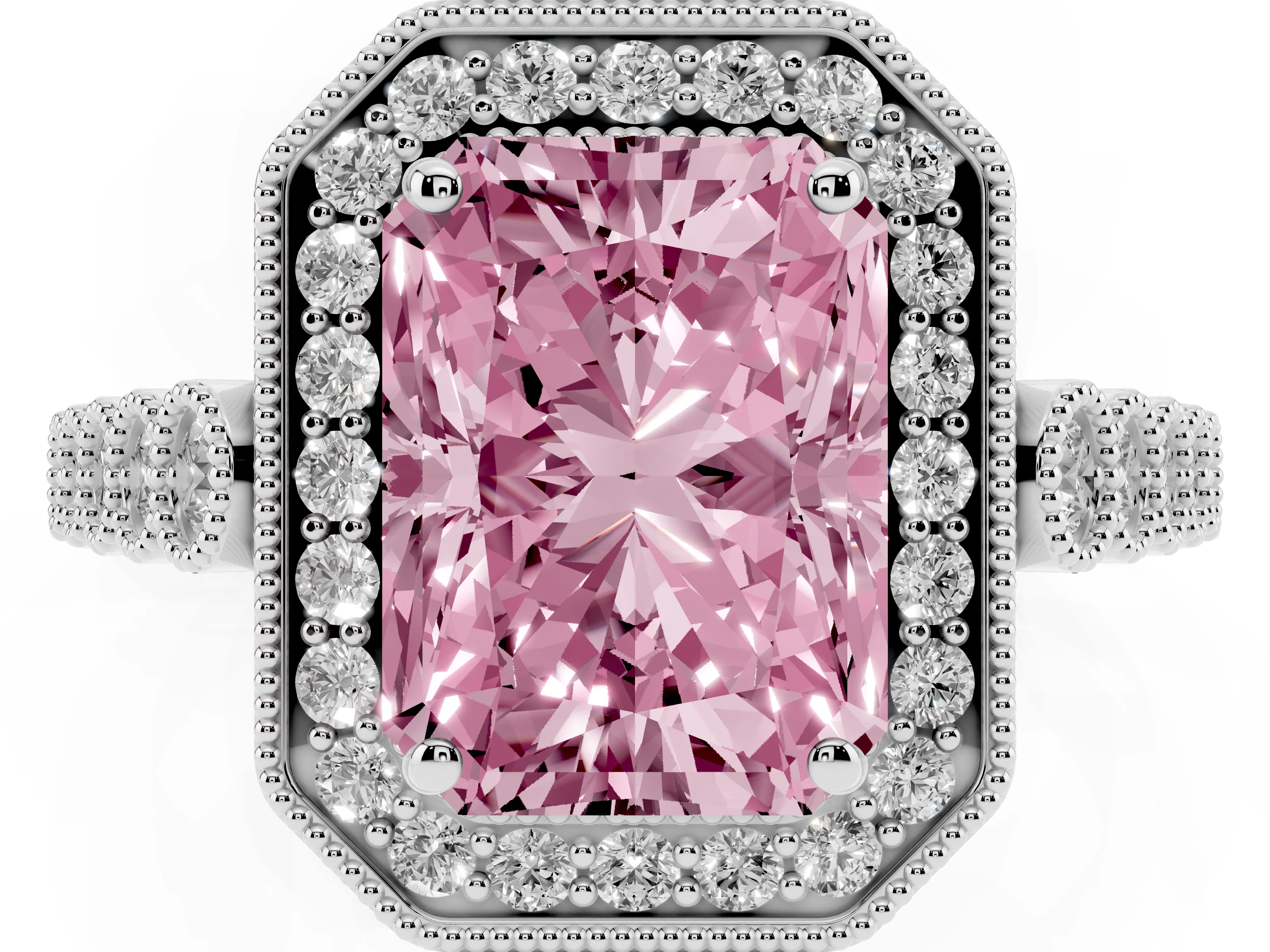Fancy Pink Radiant Cut Diamond Milgrain Halo Solitaire Ring Set in White gold with Bezel Set Side Stones and Pavé Band