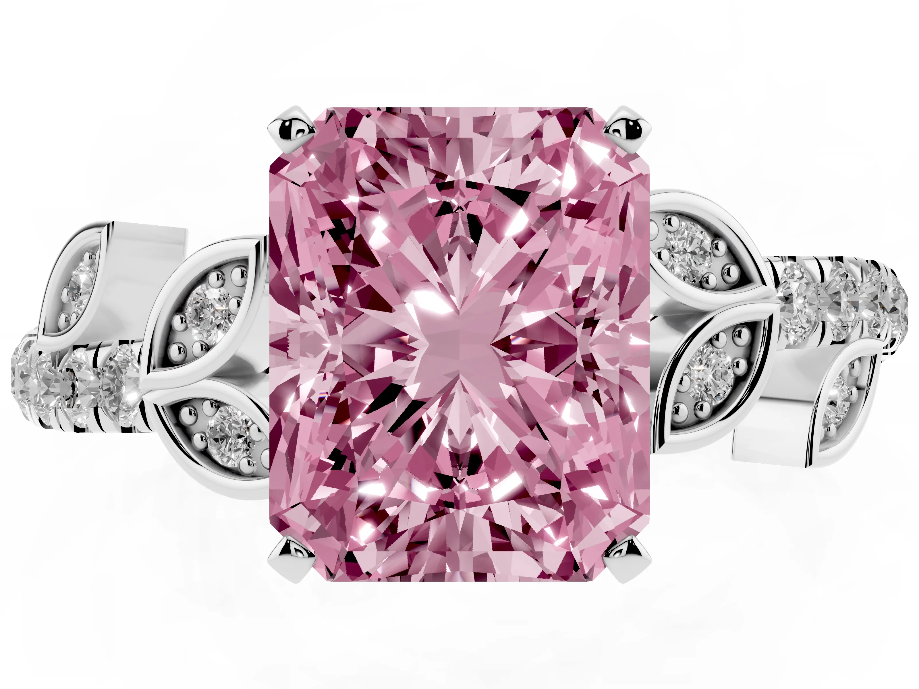 Fancy Pink Radiant Cut Diamond Solitaire Leaf-Inspired Ring Set in Platinum with Pavé Band and Prong Setting