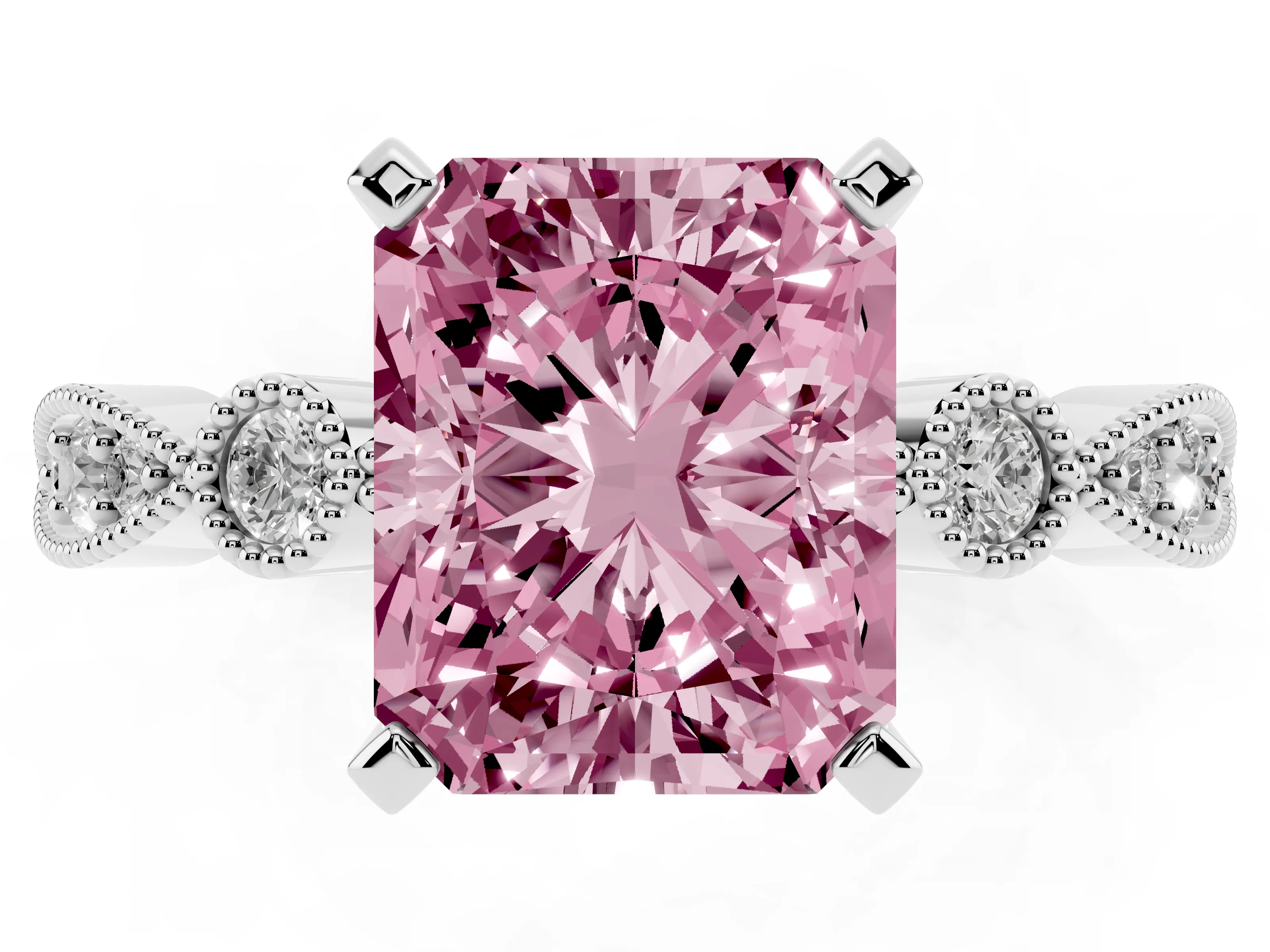 Fancy Pink Radiant Cut Diamond Solitaire Engagement Ring Set in White gold with Milgrain Bezel Accent Band