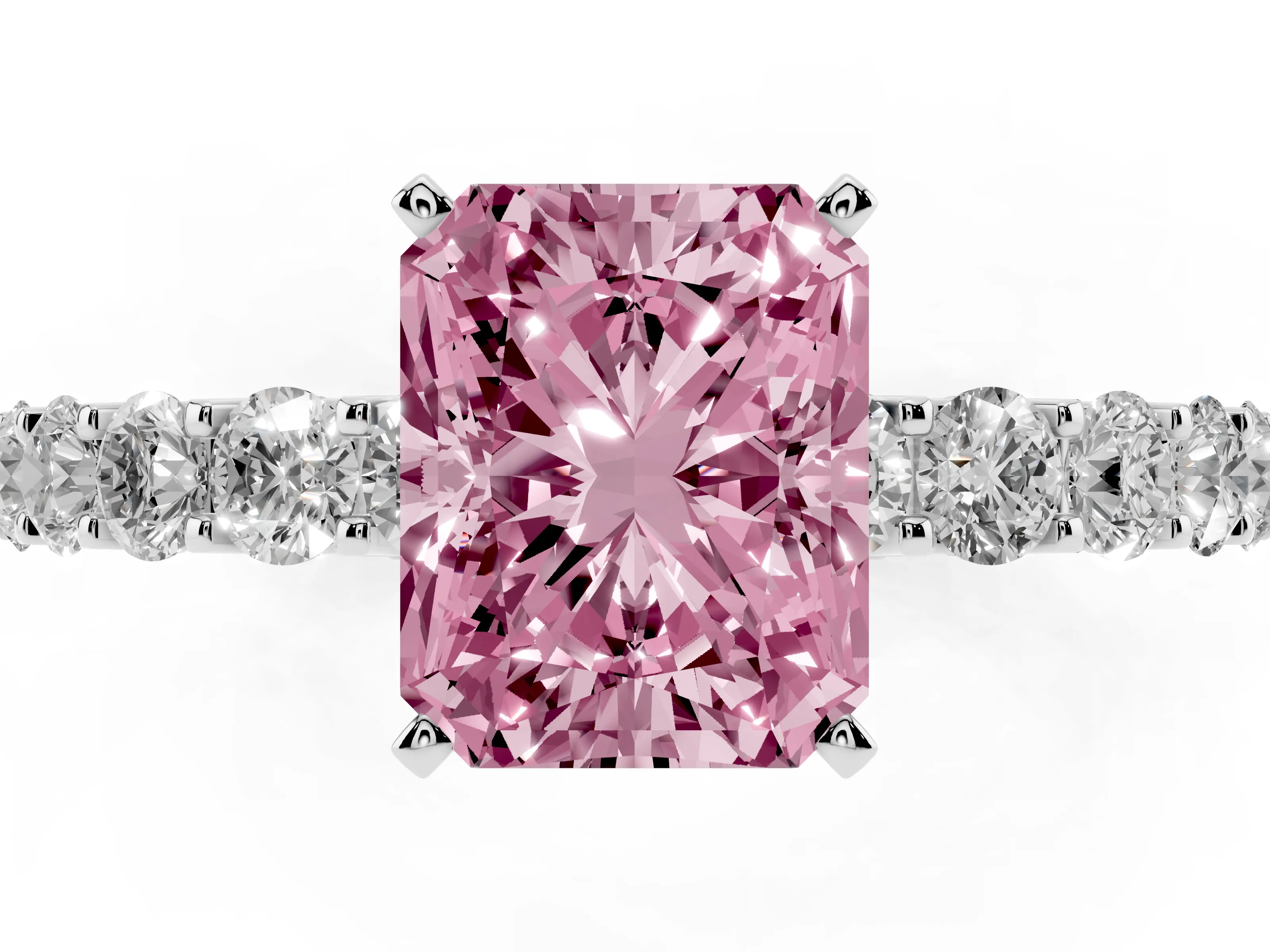 Fancy Pink Radiant Cut Diamond Solitaire Ring Set in Silver with Shared Prong Pavé Band