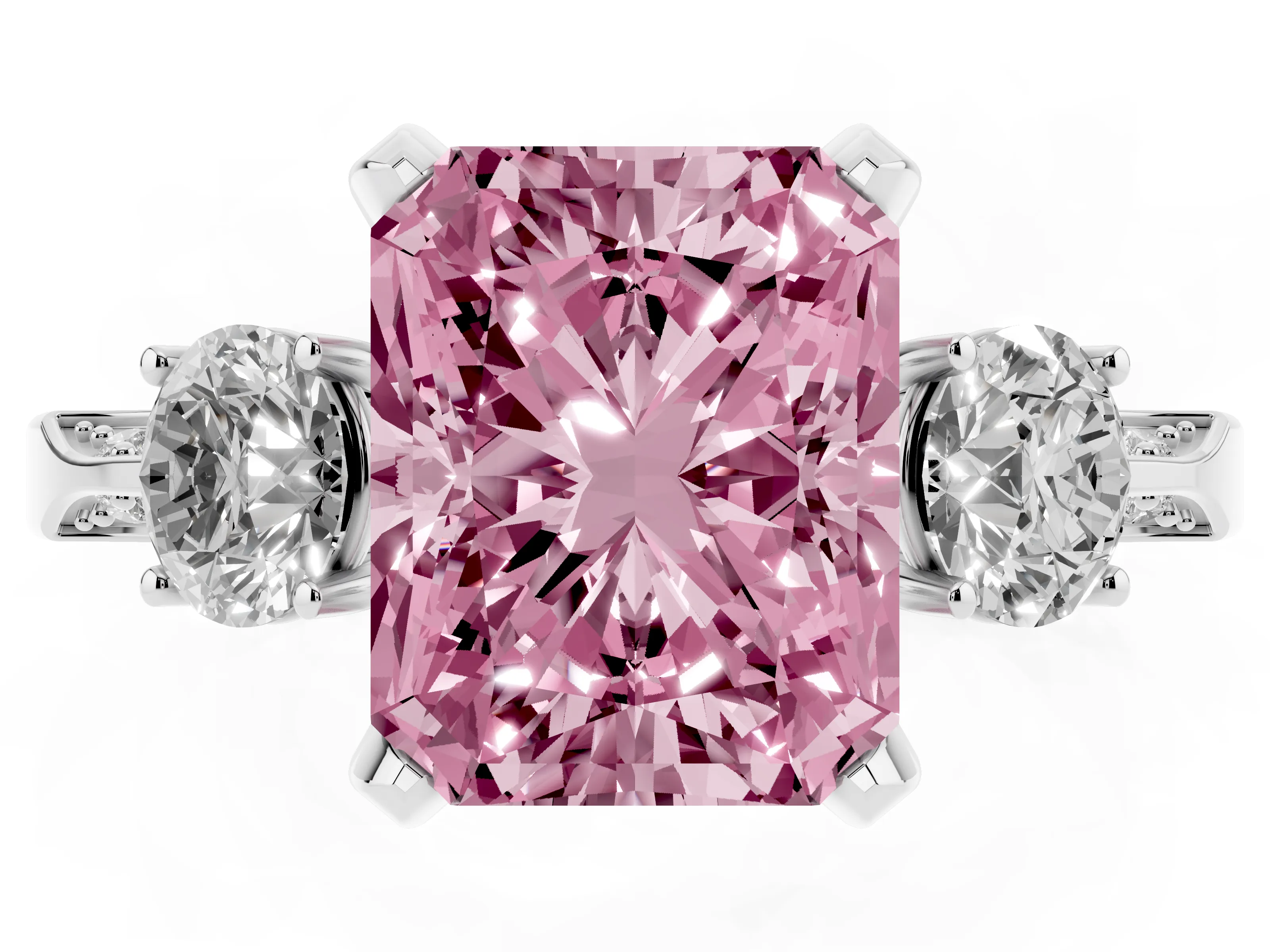Fancy Pink Radiant Cut Diamond Three-Stone Ring Set in White gold with Pavé Band and Smaller Side Stones