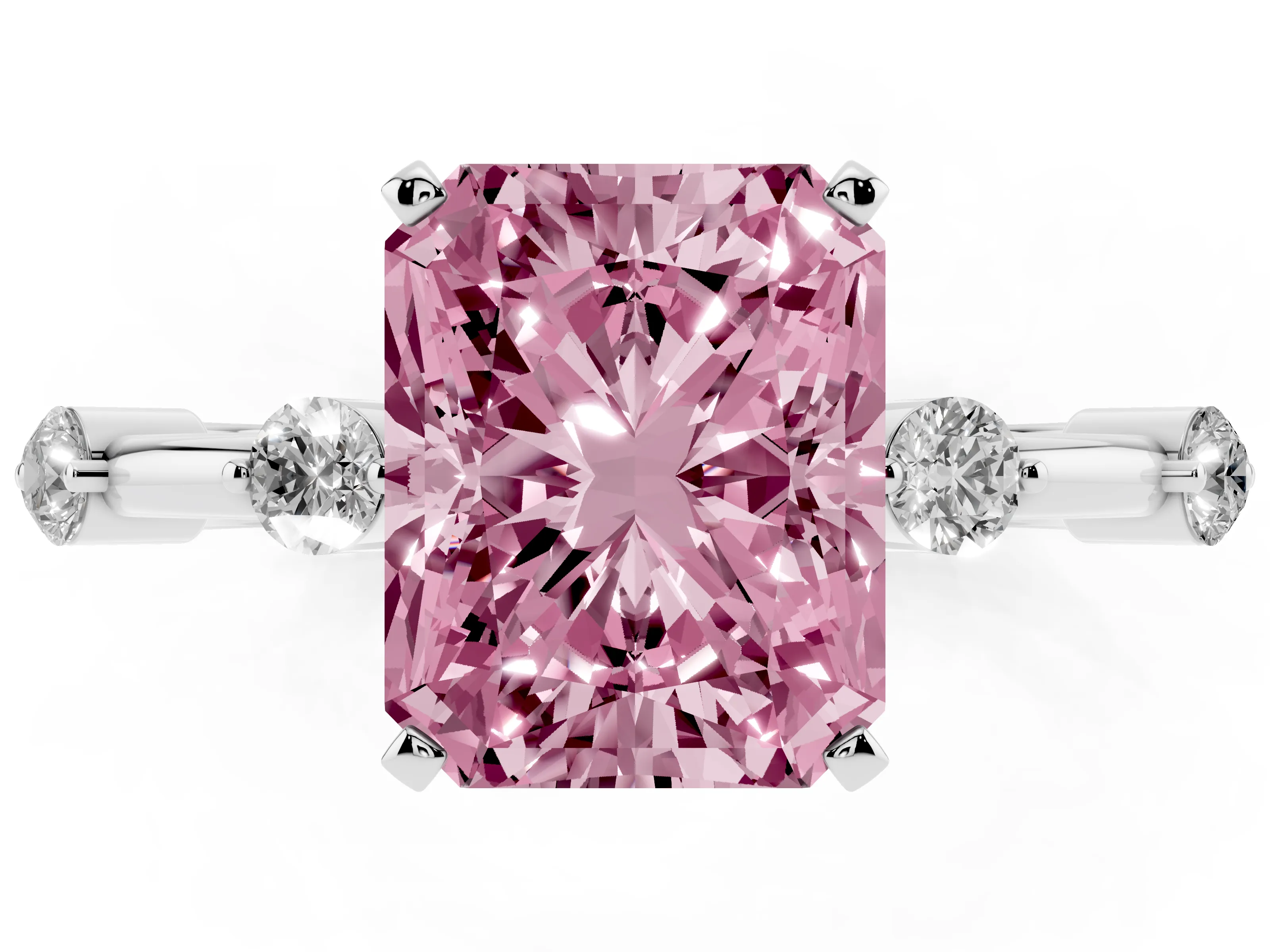 Fancy Pink Radiant Cut Diamond Solitaire Ring Set in Silver with Bezel Set Side Stones and Prong Setting