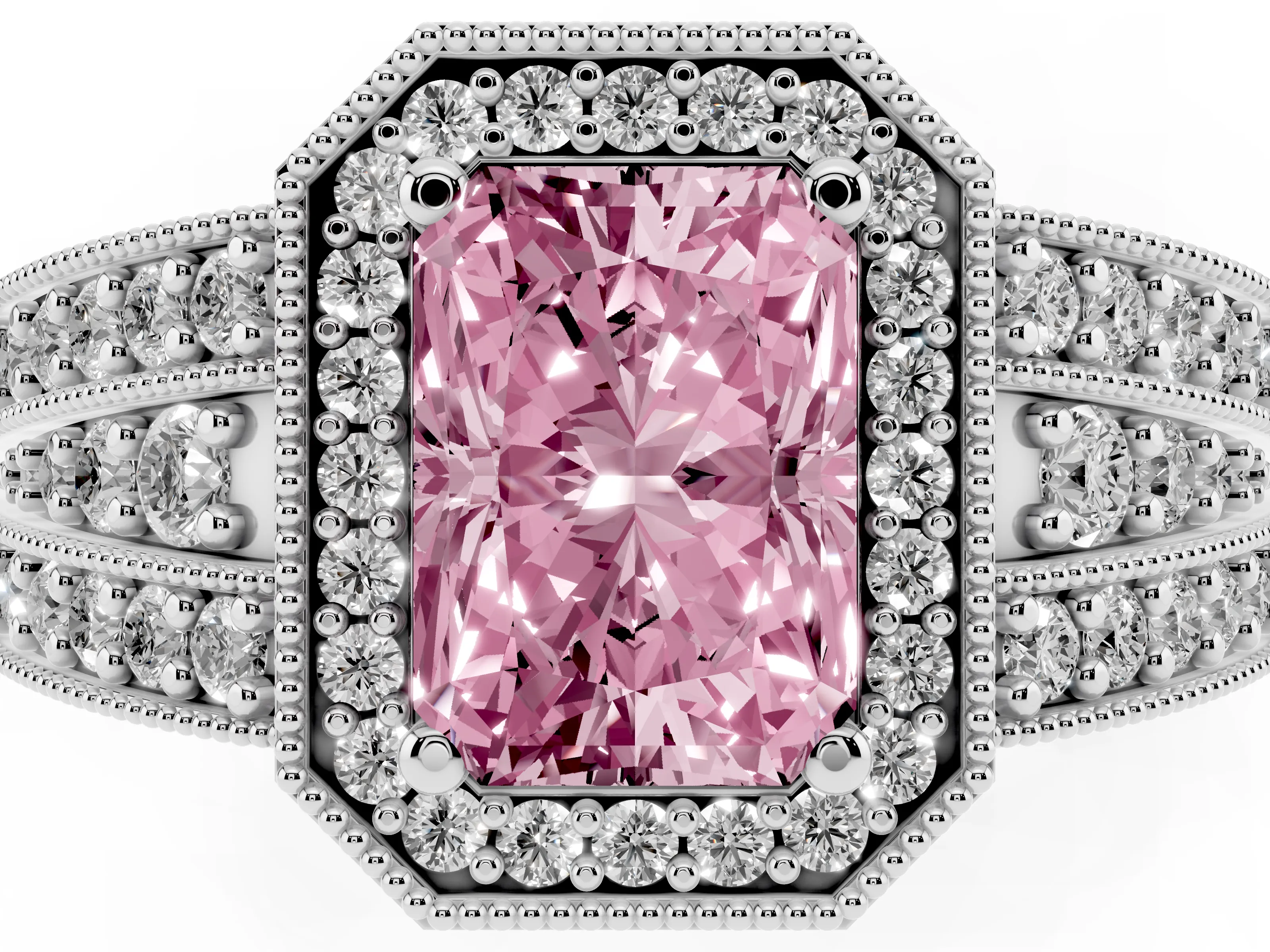 Fancy Pink Radiant Cut Diamond Halo Ring Set in Platinum with Accent Split Shank and Prong Setting
