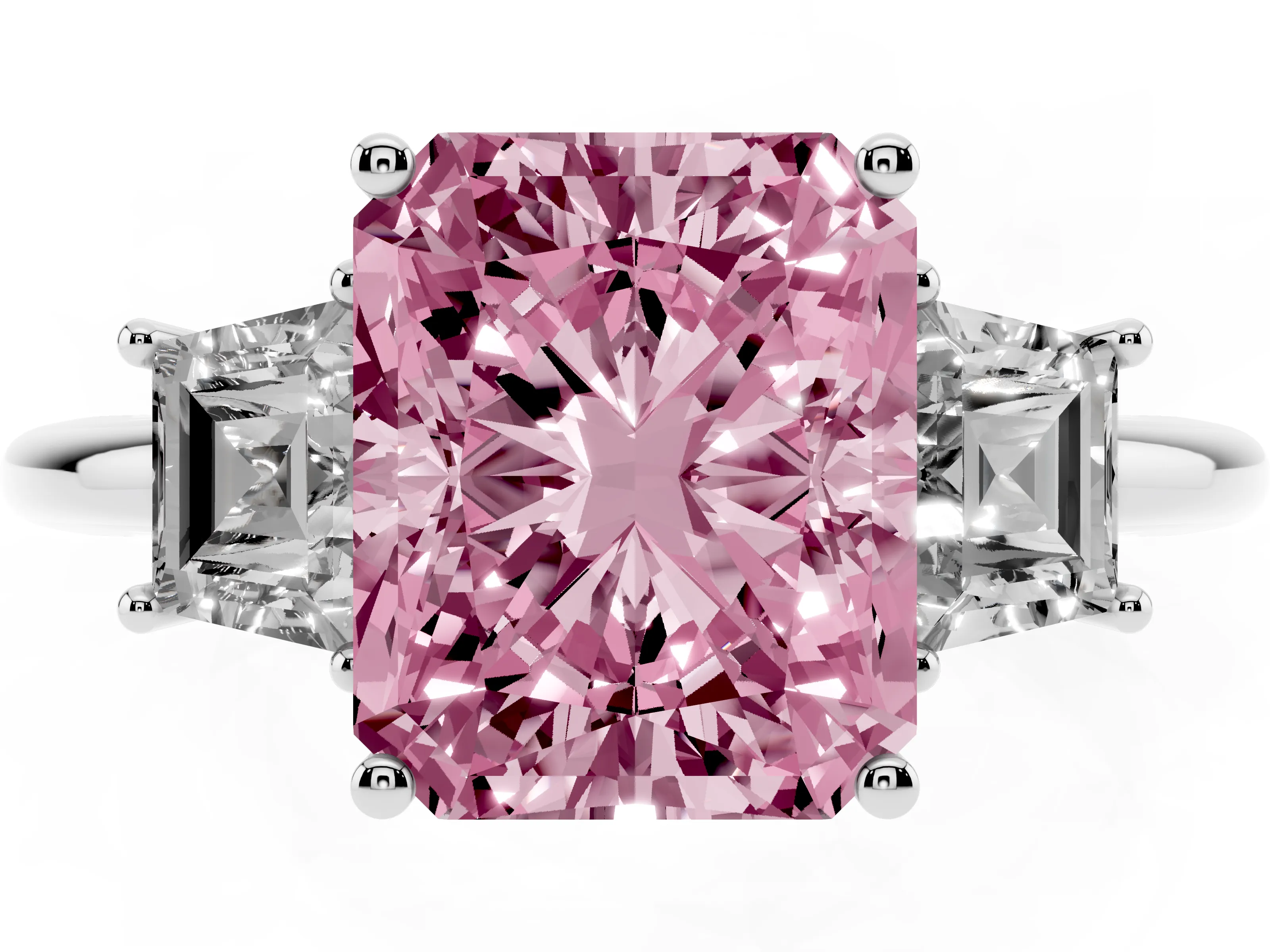 Fancy Pink Radiant Cut Diamond Three-Stone Ring Set in Silver with Trapezoid Side Stones and Prong Setting