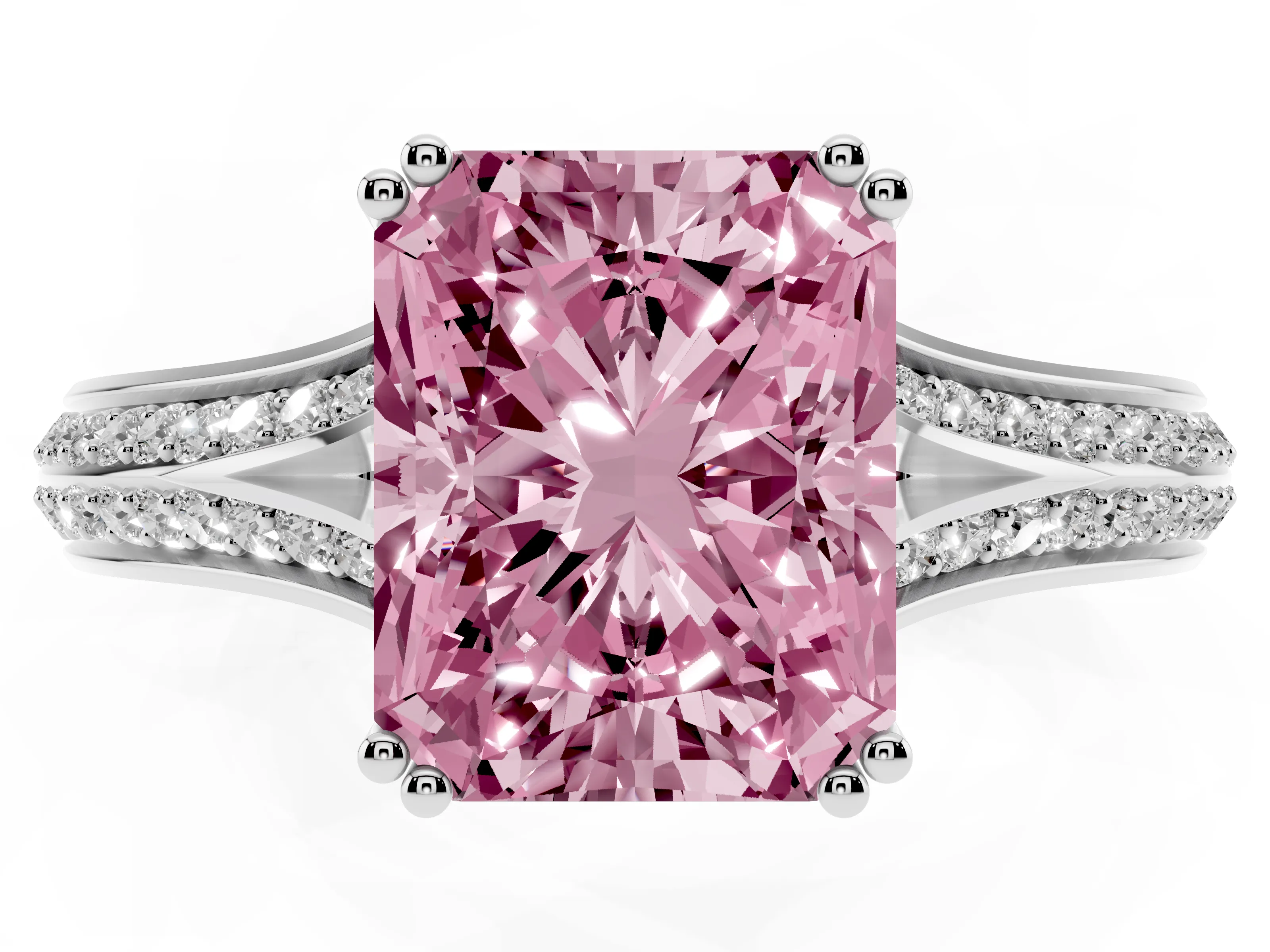 Fancy Pink Radiant Cut Diamond Split Shank Pavé Engagement Ring Set in Platinum with Prong-Set Center Stone