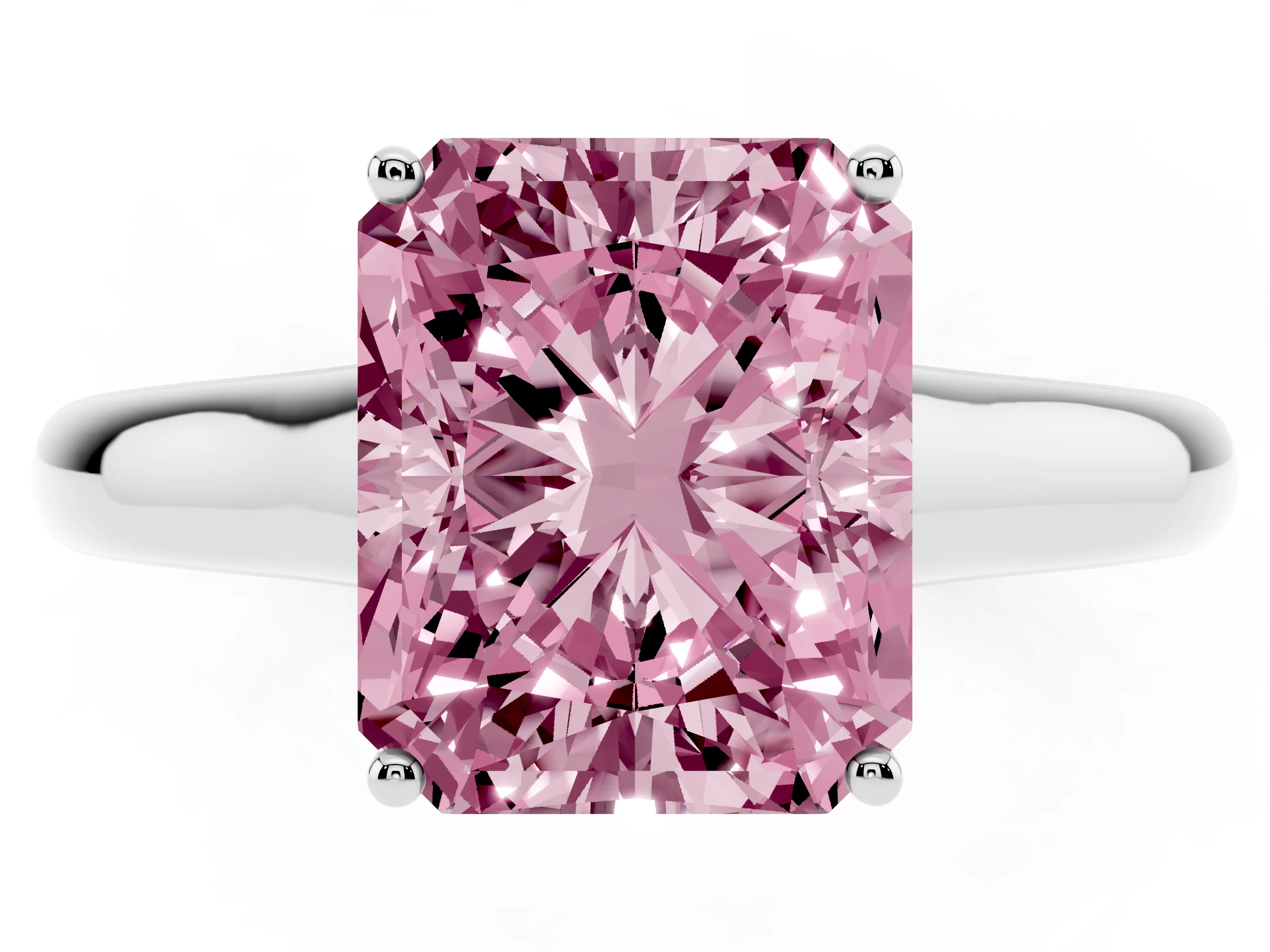 Fancy Pink Radiant Cut Diamond Solitaire Engagement Ring Set in White gold with Subtly Tapered Band and Prong Setting