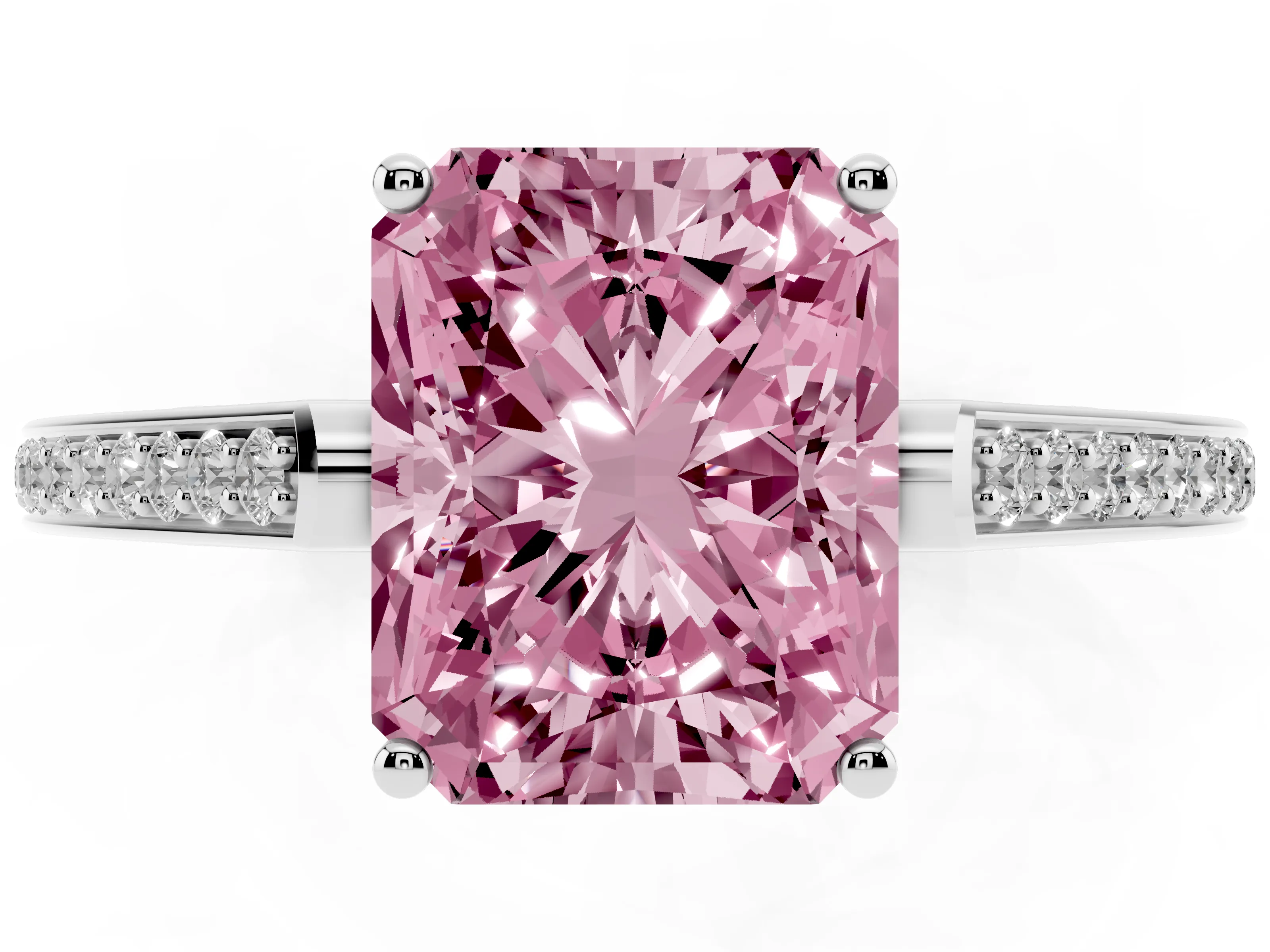Fancy Pink Radiant Cut Diamond Cathedral Pavé Engagement Ring Set in White gold with Prong Setting