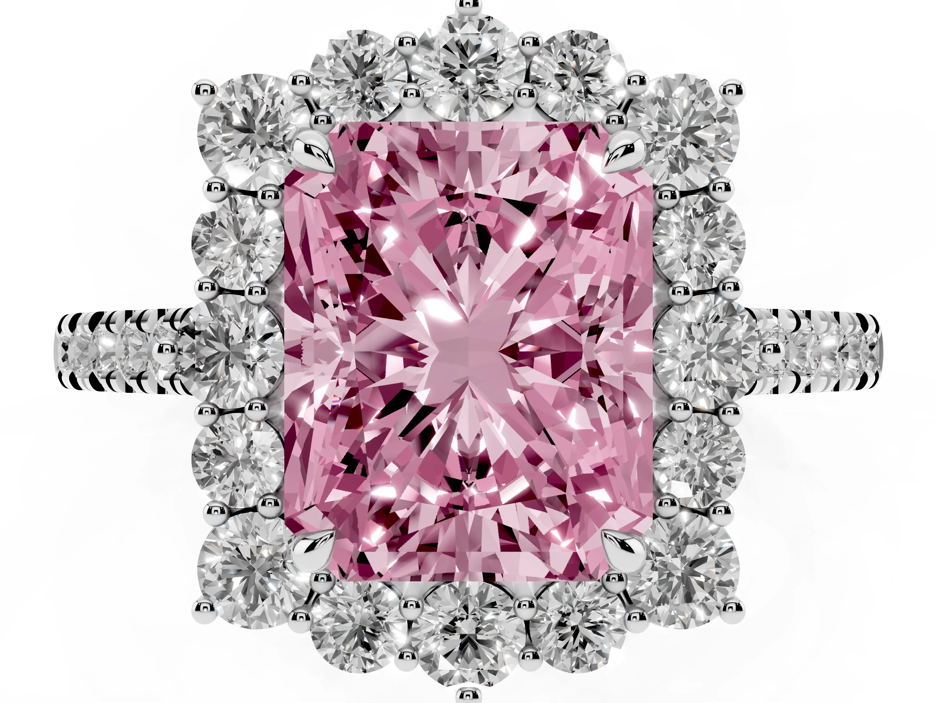 Fancy Pink Radiant Cut Diamond Halo Ring Set in White gold with Pavé Band and Prong Setting
