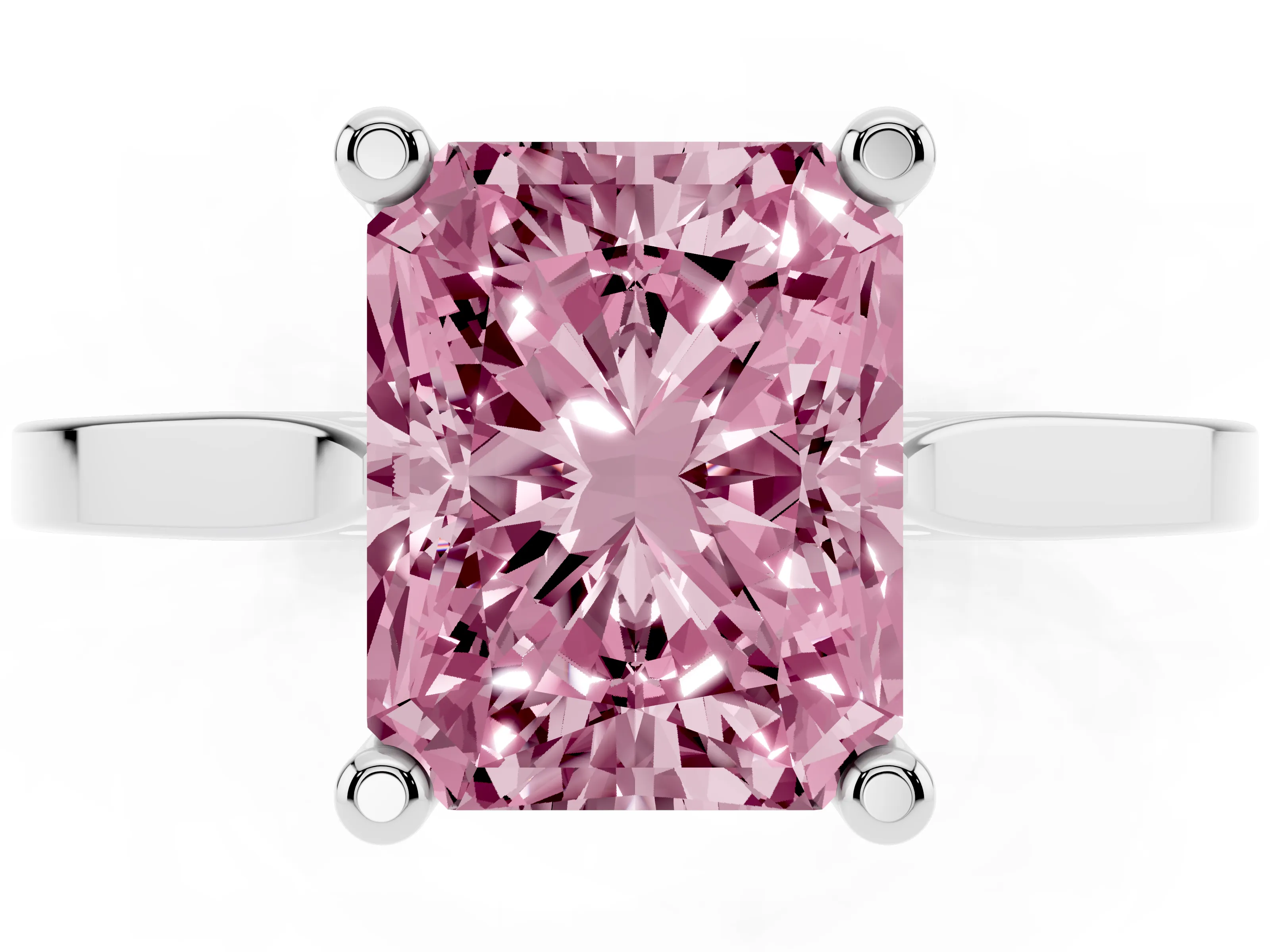 Fancy Pink Radiant Cut Diamond Solitaire Ring Set in Silver with Prong Setting and Tapered Band