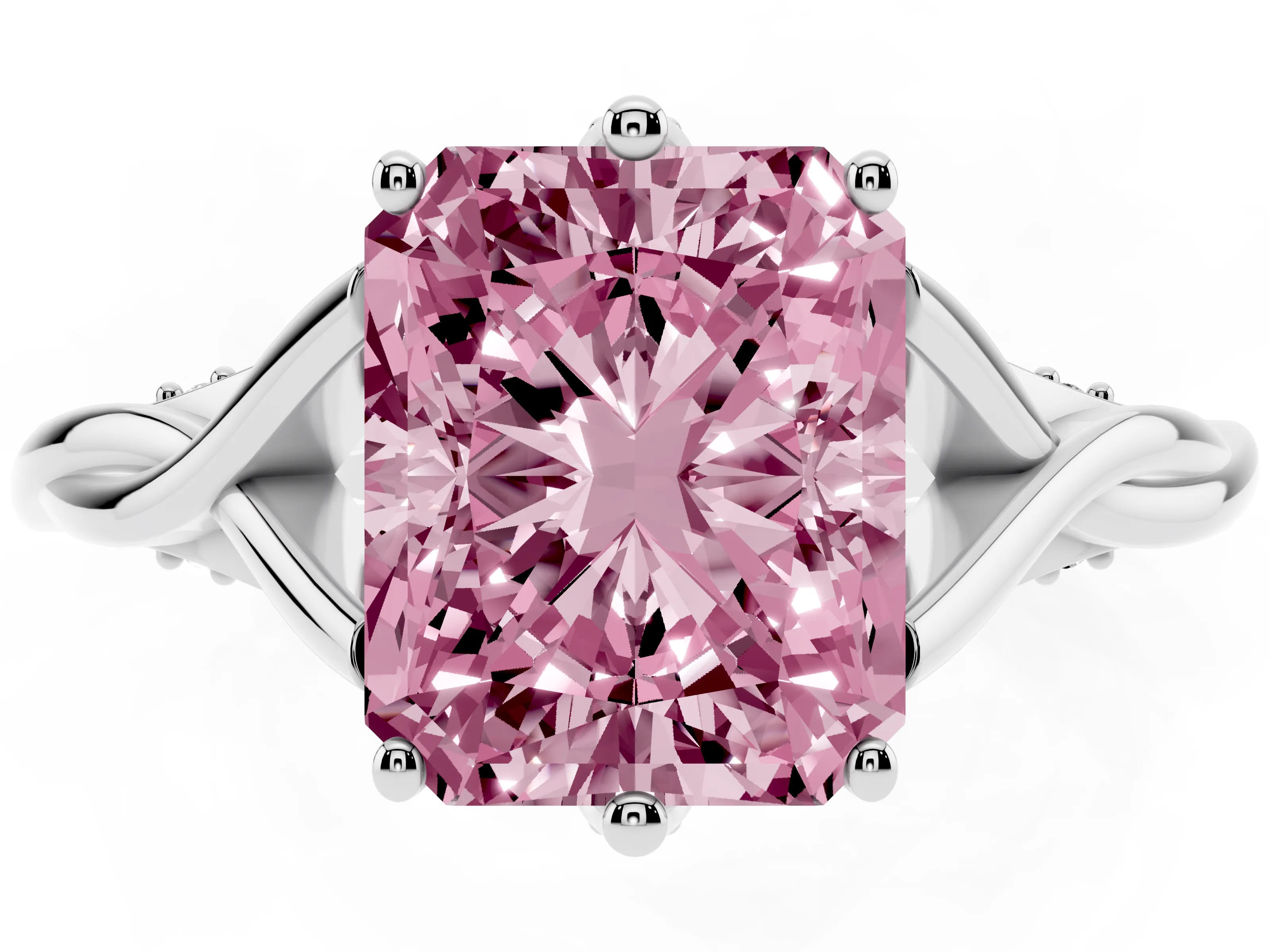 Fancy Pink Radiant Cut Diamond Intertwined Twist Band Solitaire Ring Set in White gold with Prong Setting