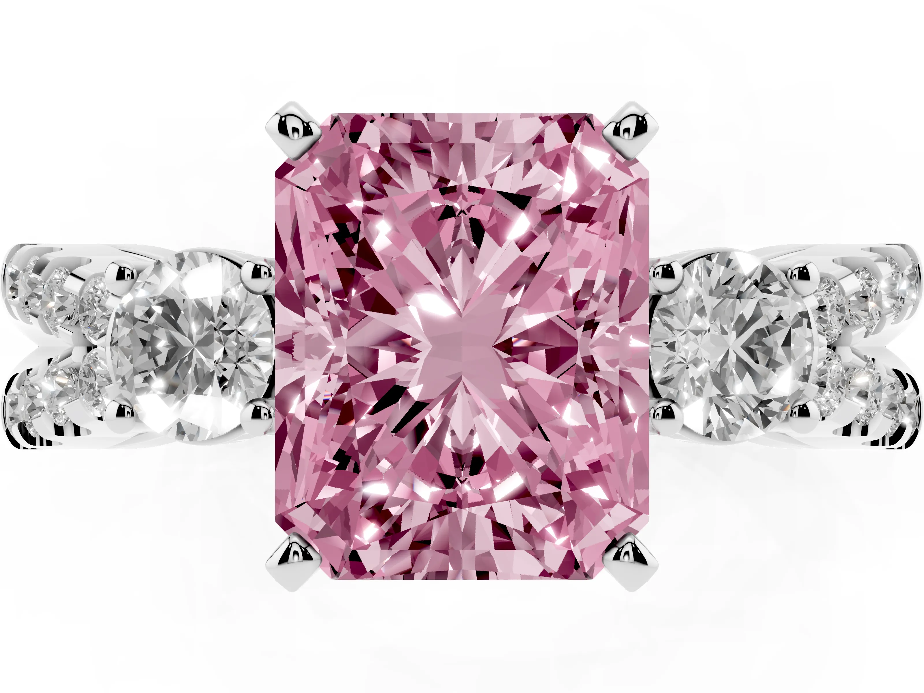 Fancy Pink Radiant Cut Diamond Three-Stone Ring Set in Platinum with Pavé Split Shank and Prong Setting