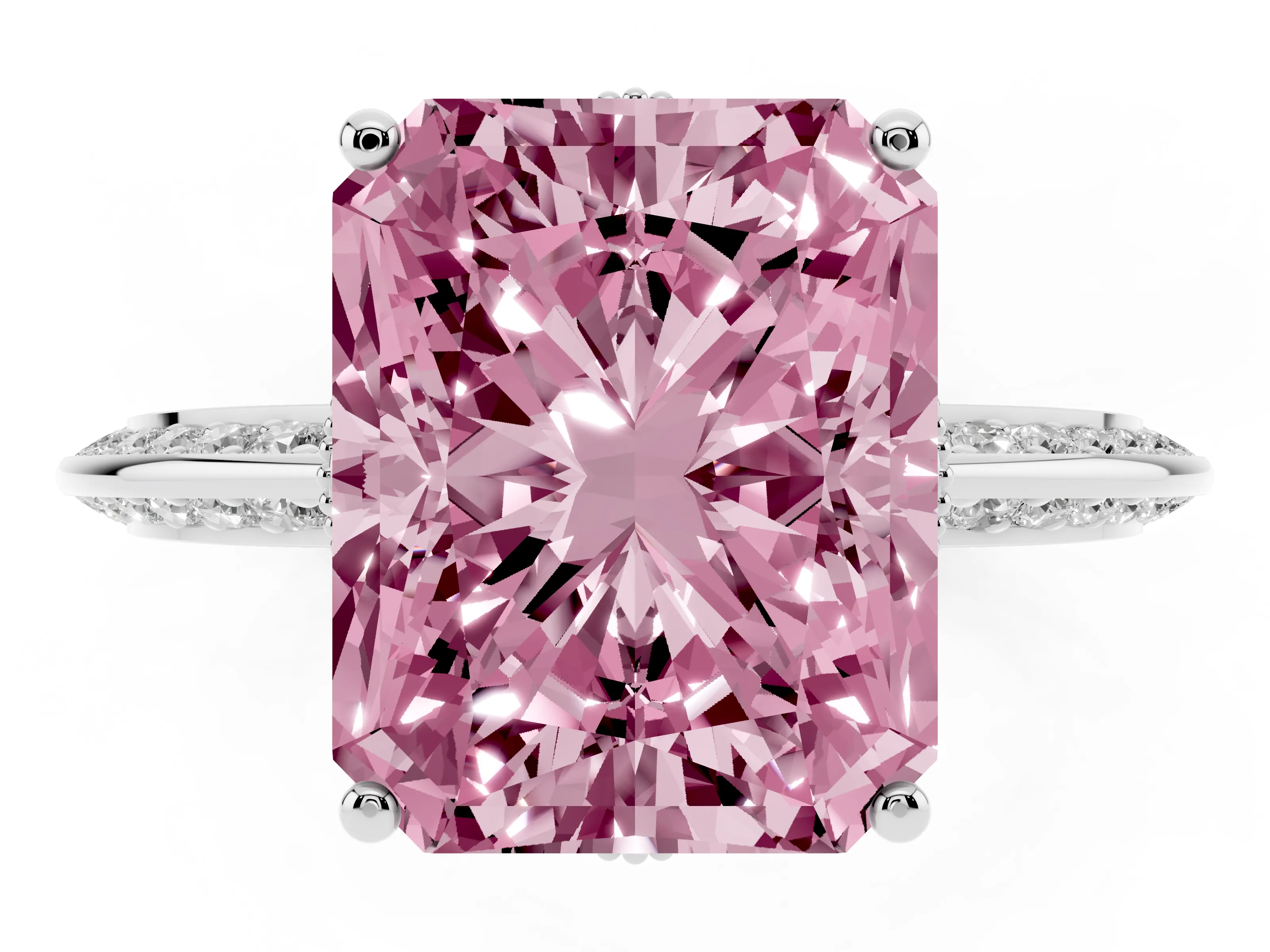 Fancy Pink Radiant Cut Diamond Solitaire Engagement Ring Set in Silver with Pavé Split Shank and Prong Setting