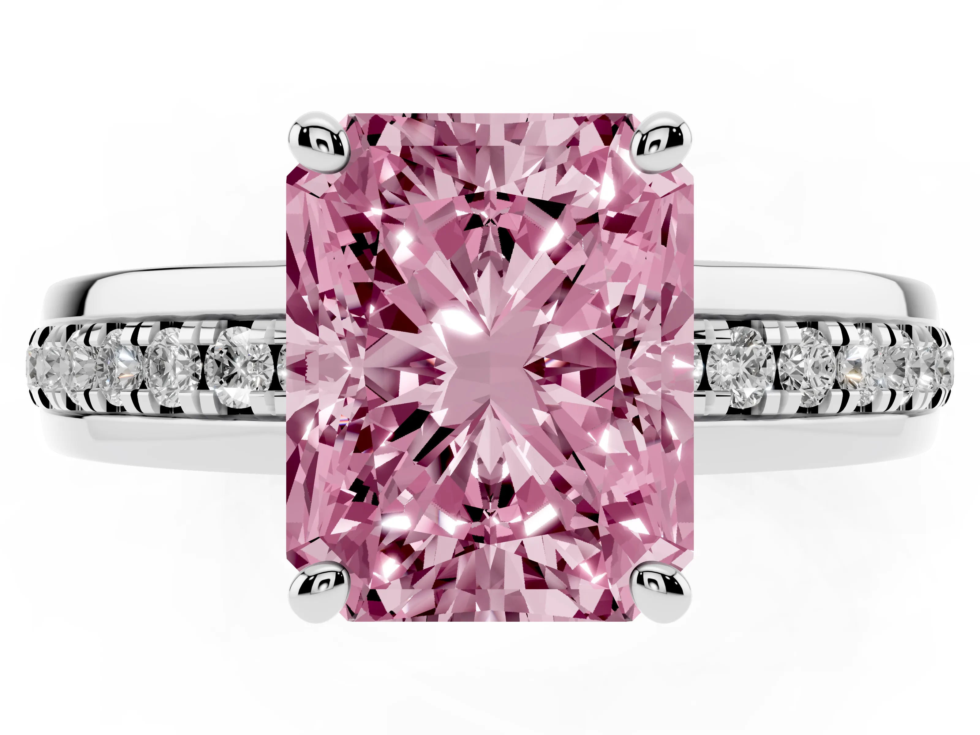 Fancy Pink Radiant Cut Diamond Solitaire Ring Set in White gold with Channel Set Band and Prong Setting