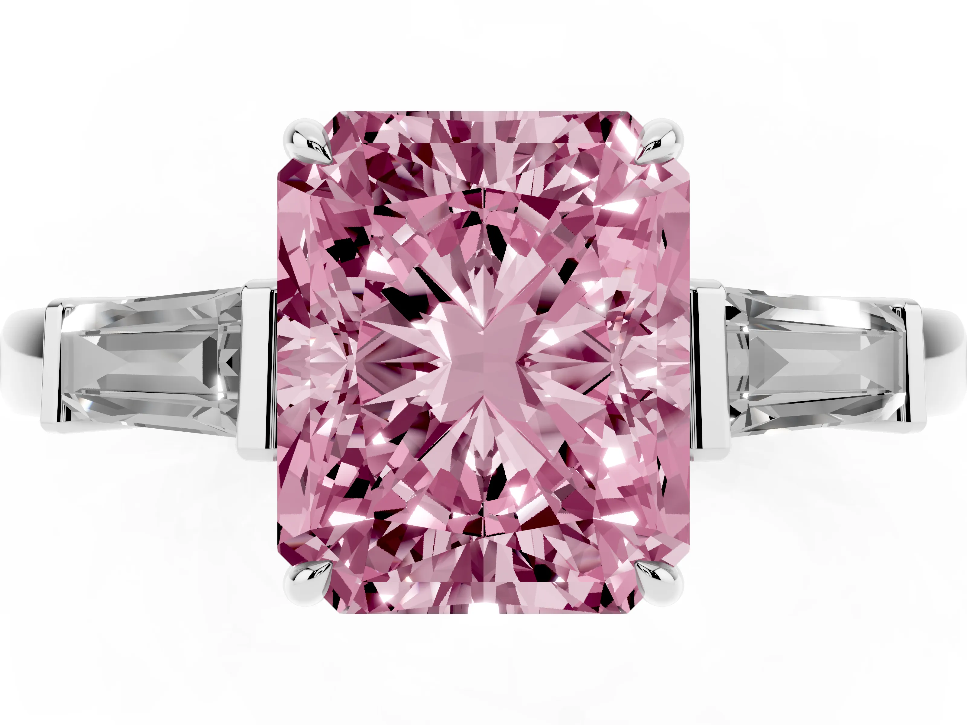 Fancy Pink Radiant Cut Diamond Three-Stone Ring Set in White gold with Tapered Baguette Side Stones and Prong Setting