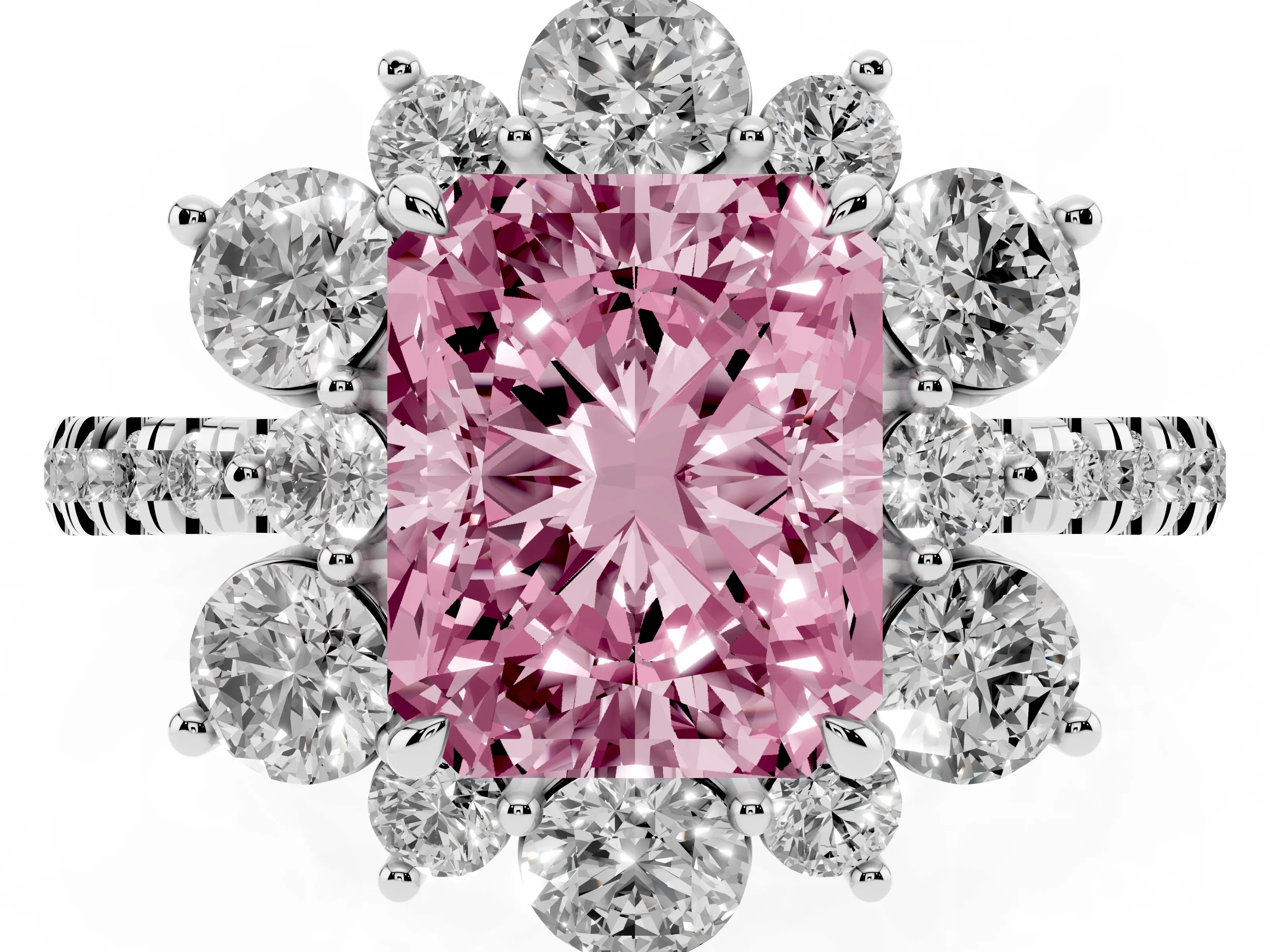 Fancy Pink Radiant Cut Diamond Floral Halo Ring Set in Silver with Round Pavé Band and Prong Setting
