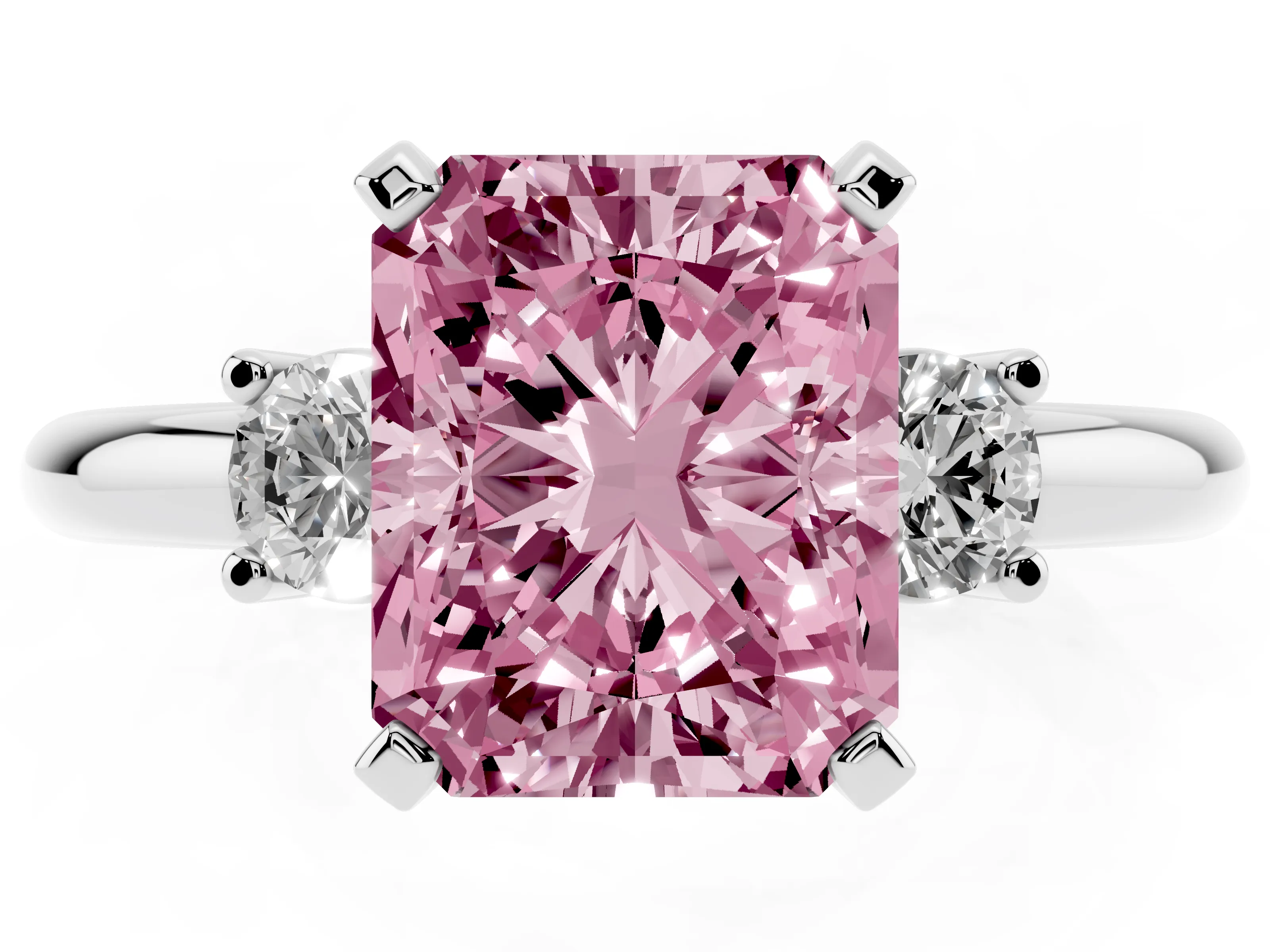 Fancy Pink Three-Stone Radiant Cut Diamond Ring Set in Platinum with Prong Setting and Plain Band