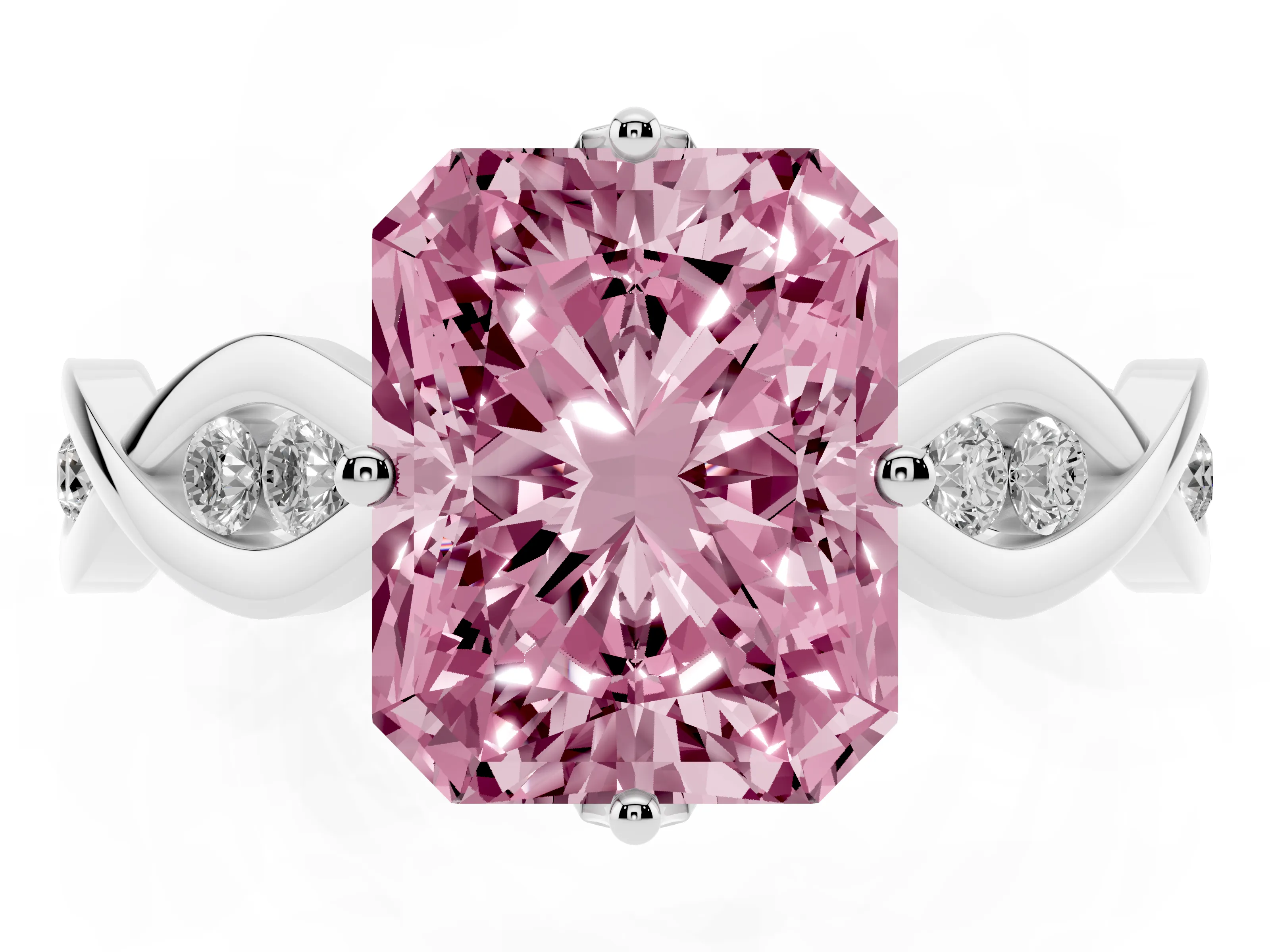 Fancy Pink Radiant Cut Diamond Twist Band Solitaire Ring Set in Platinum with Leaf Prong Setting and Accent Stones