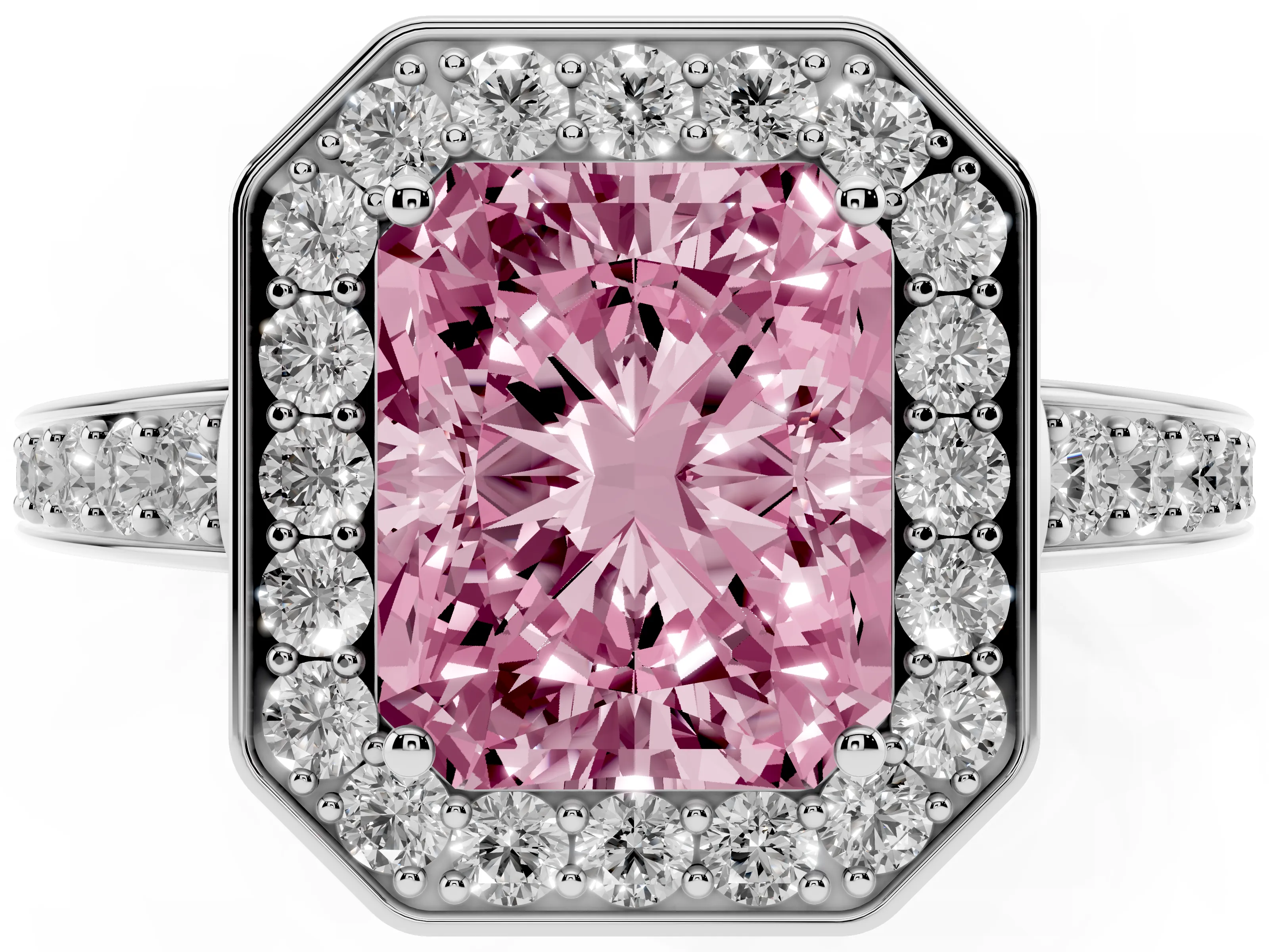 Fancy Pink Radiant Cut Diamond Halo Pavé Engagement Ring Set in Platinum with Bezel Setting