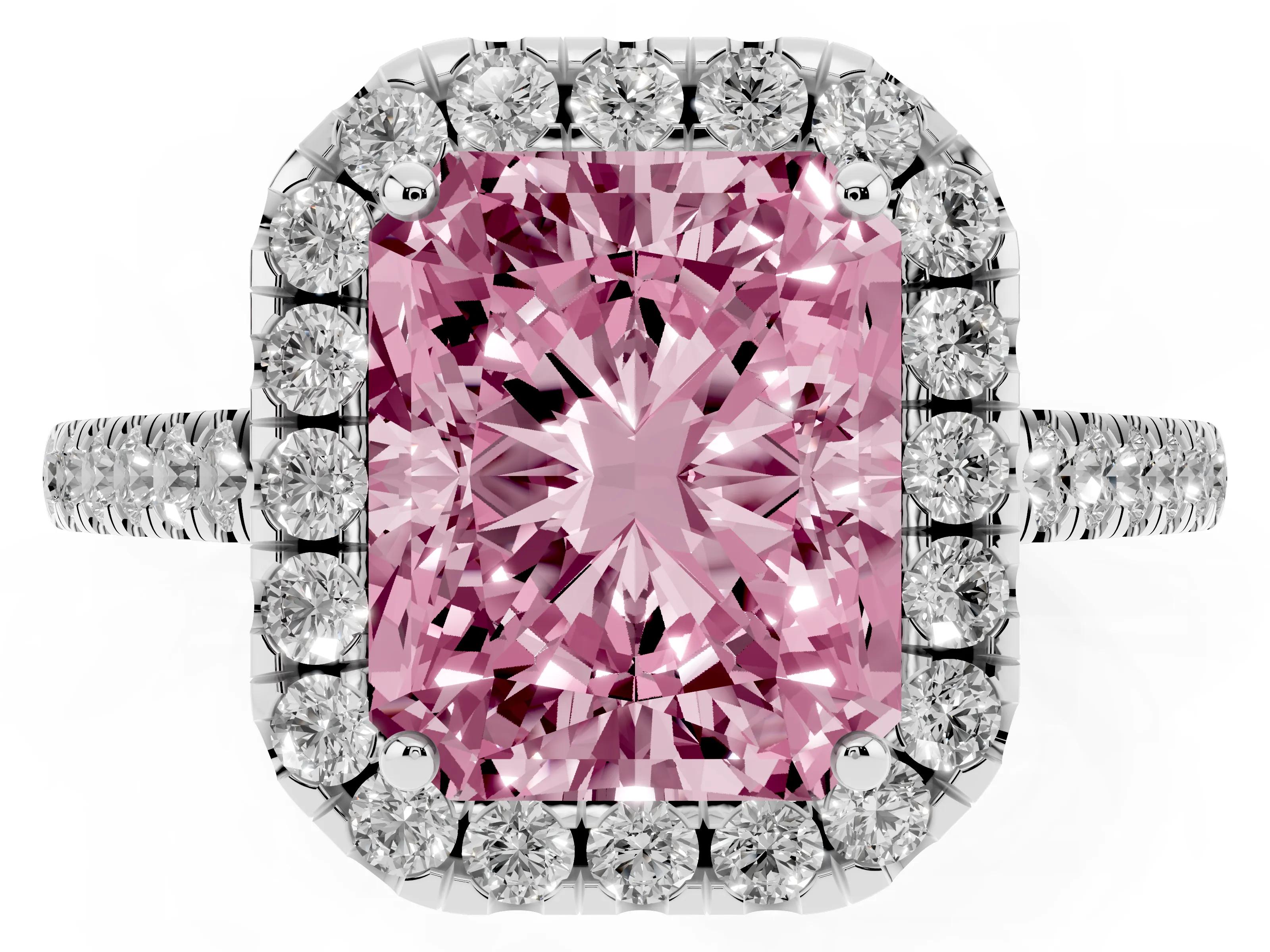 Fancy Pink Radiant Cut Diamond Pavé Halo Engagement Ring Set in White gold with Pavé Band and Prong Setting