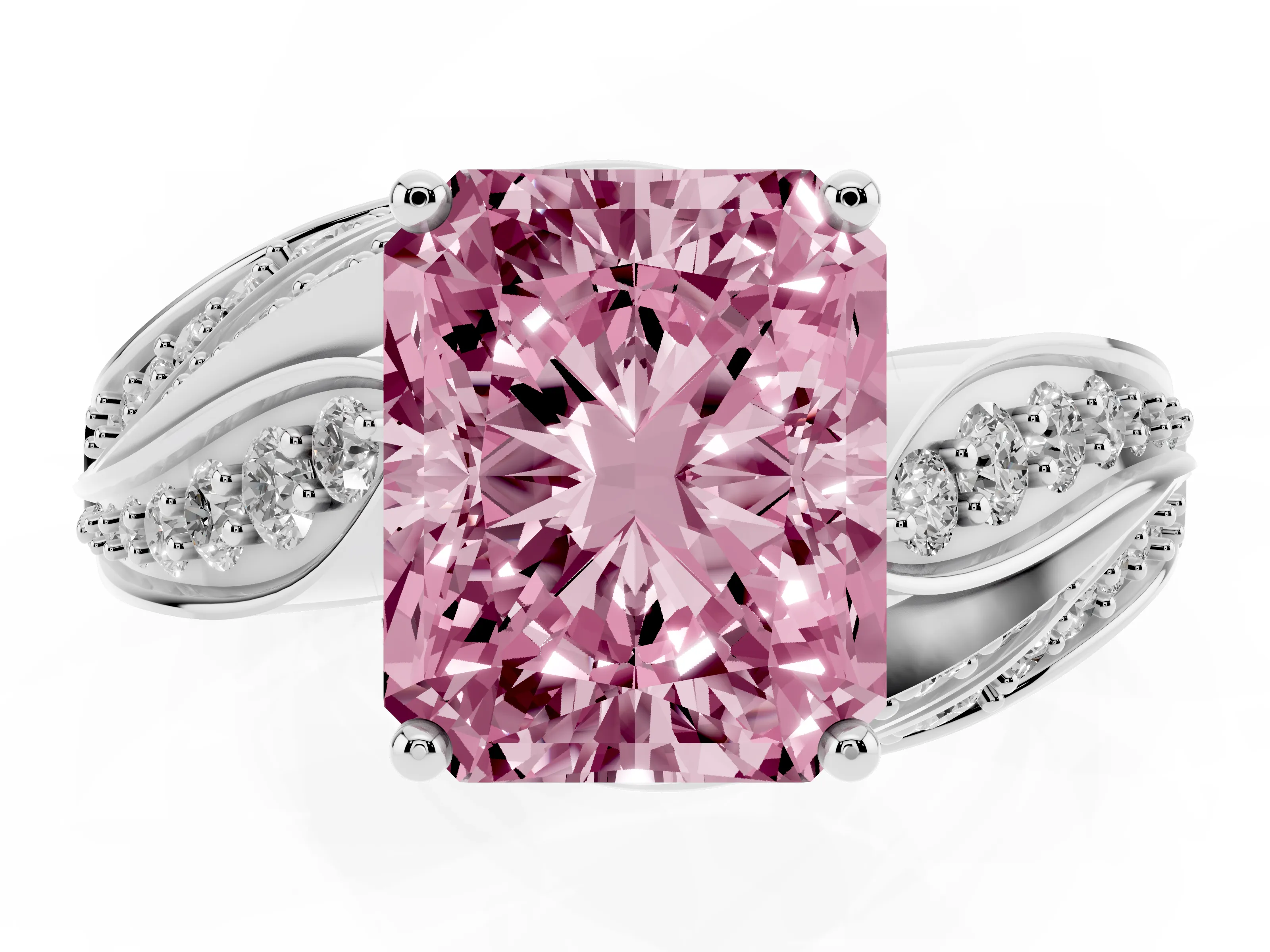 Fancy Pink Radiant Cut Diamond Solitaire Ring Set in Silver with Layered Twist Pavé Band