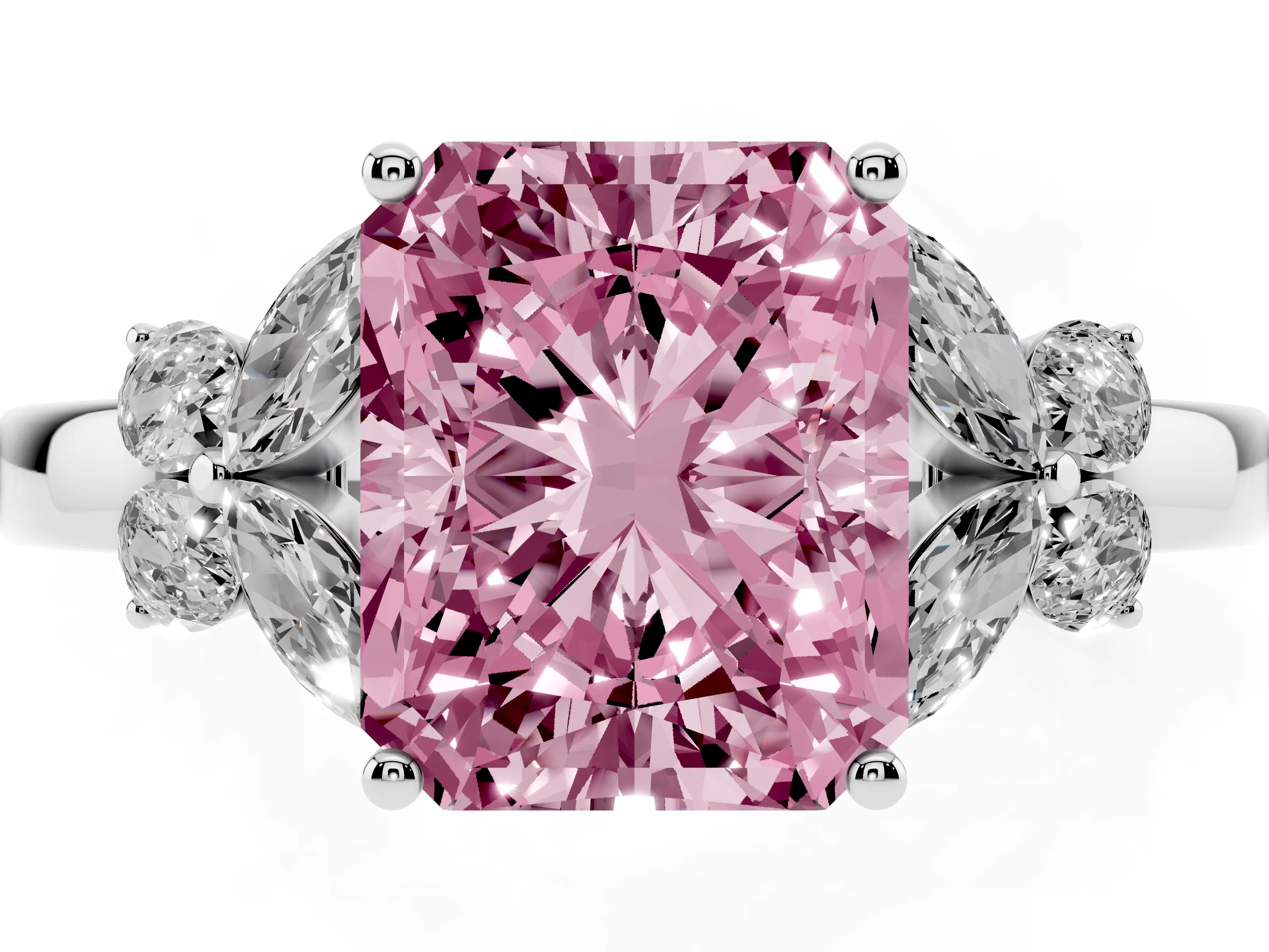 Fancy Pink Radiant Cut Diamond Solitaire Floral Ring Set in White gold with Marquise Petals and Prong Setting