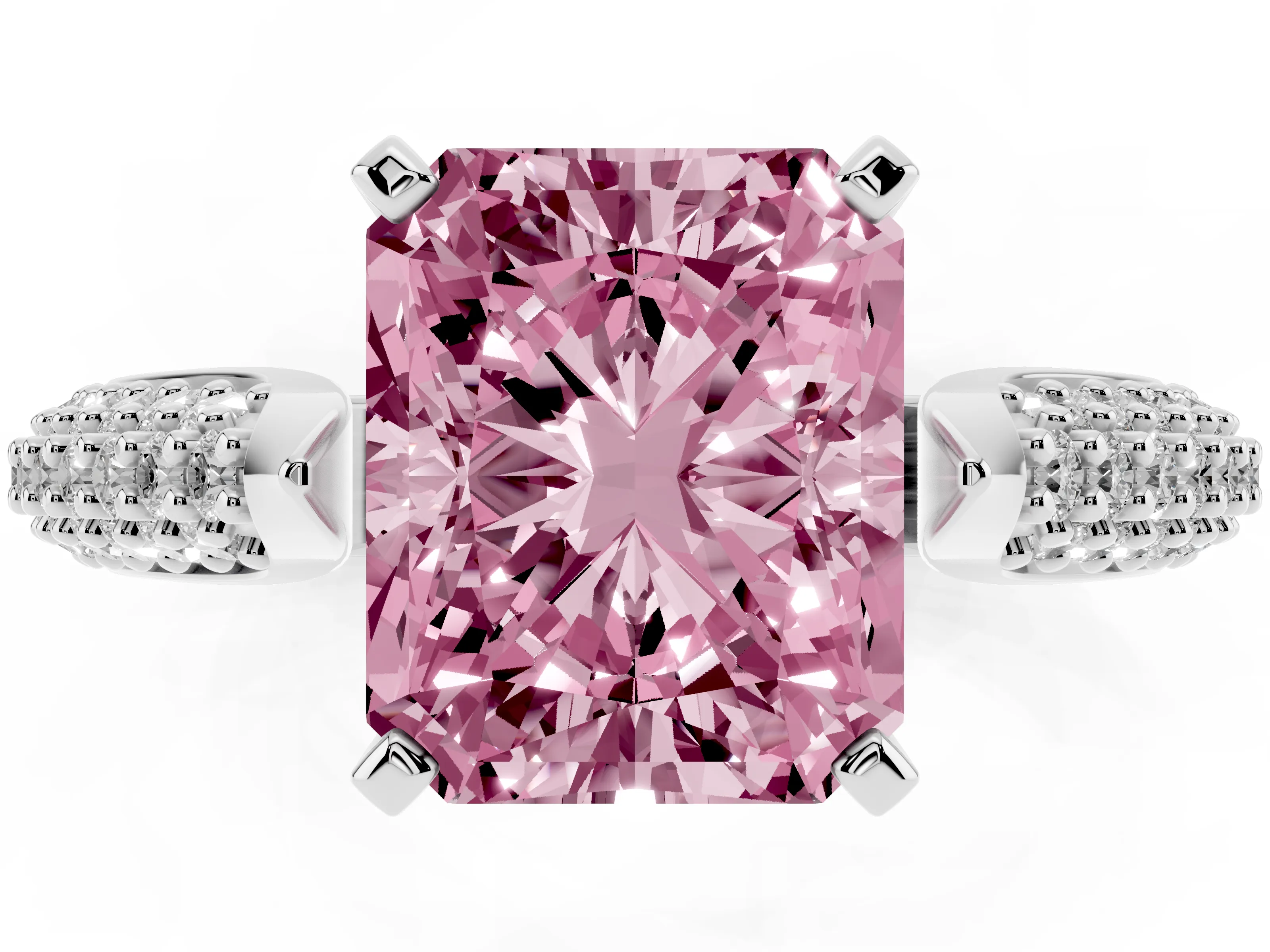 Fancy Pink Radiant Cut Diamond Solitaire Engagement Ring Set in White gold with Multi-Row Round Pavé Band and Prong Setting