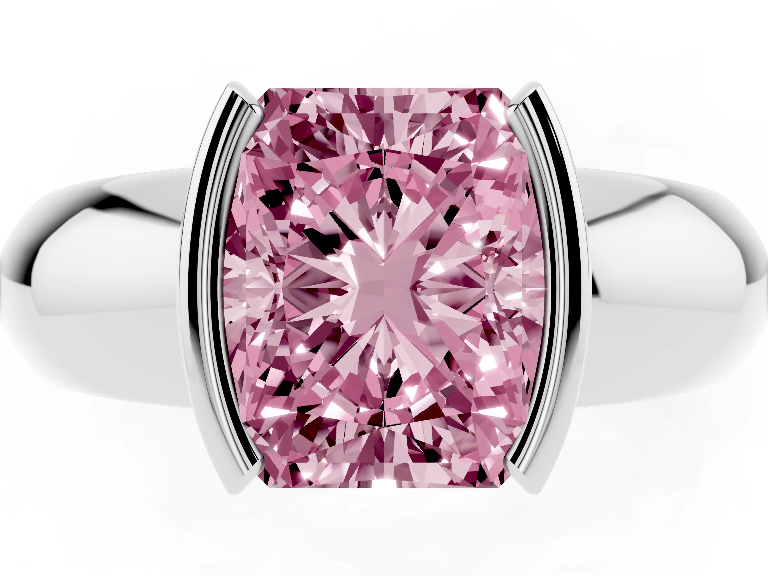 Fancy Pink Radiant Cut Diamond Solitaire Tension Set Ring Set in White gold with Wide Band