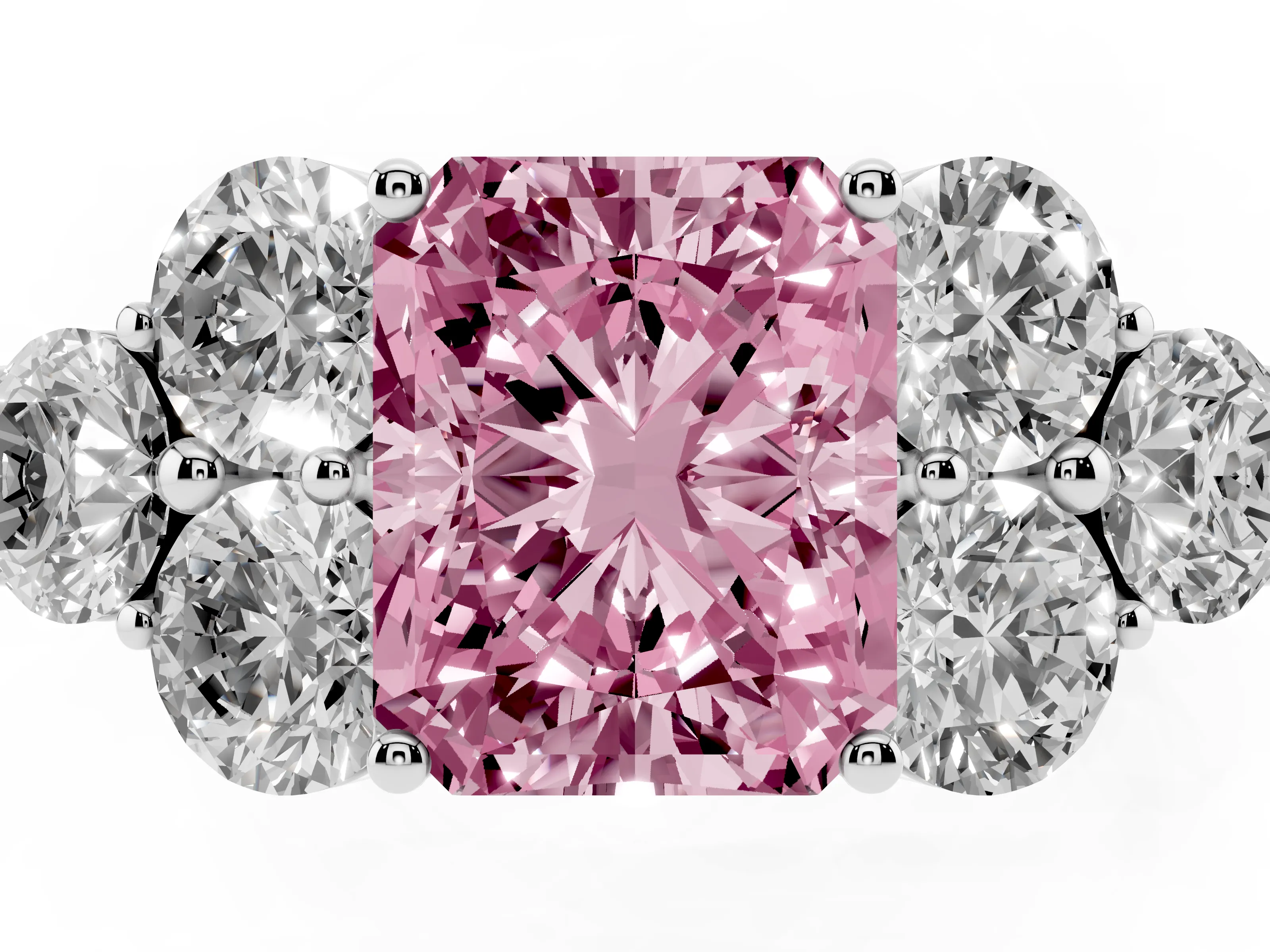 Fancy Pink Radiant Cut Diamond Cluster Ring Set in Silver with Round Accent Stones and Prong Setting on a Plain Band