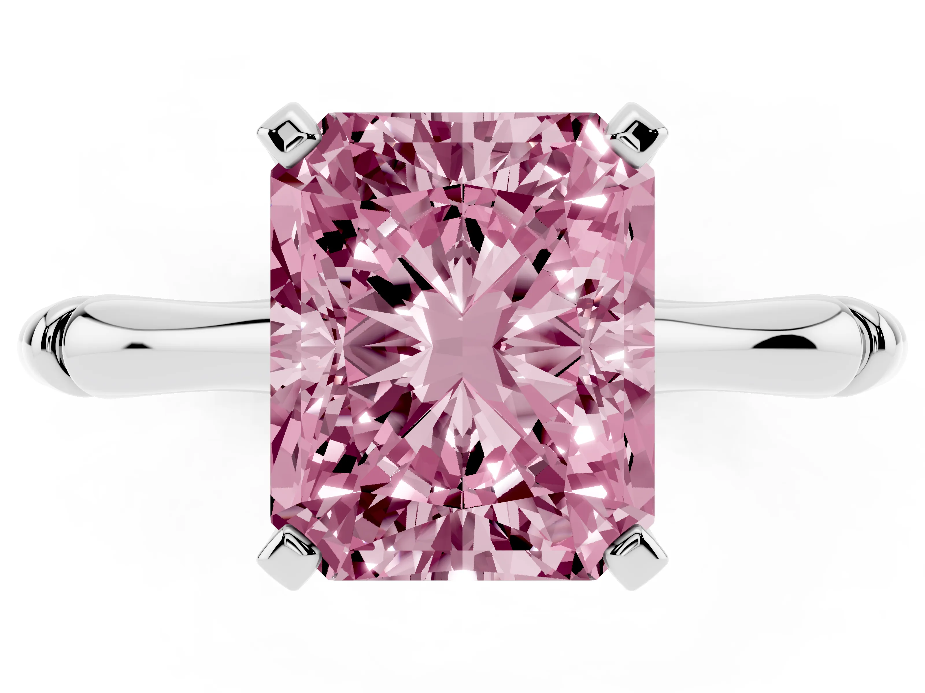 Fancy Pink Radiant Cut Diamond Solitaire Ring Set in Silver with Bamboo Band and Prong Setting