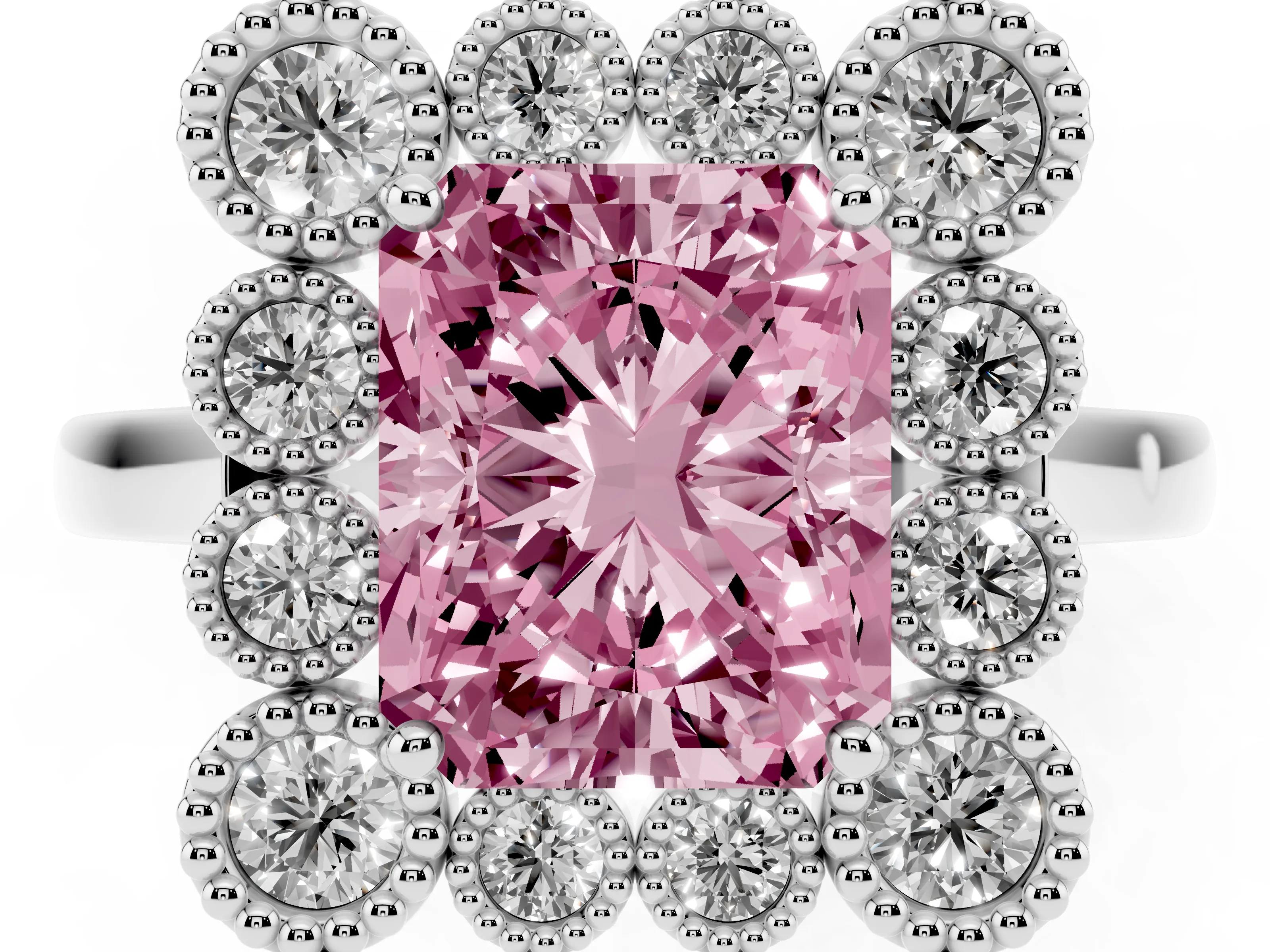 Fancy Pink Radiant Cut Diamond Cluster Halo Ring Set in White gold with Milgrain Bezel Accents and Plain Band
